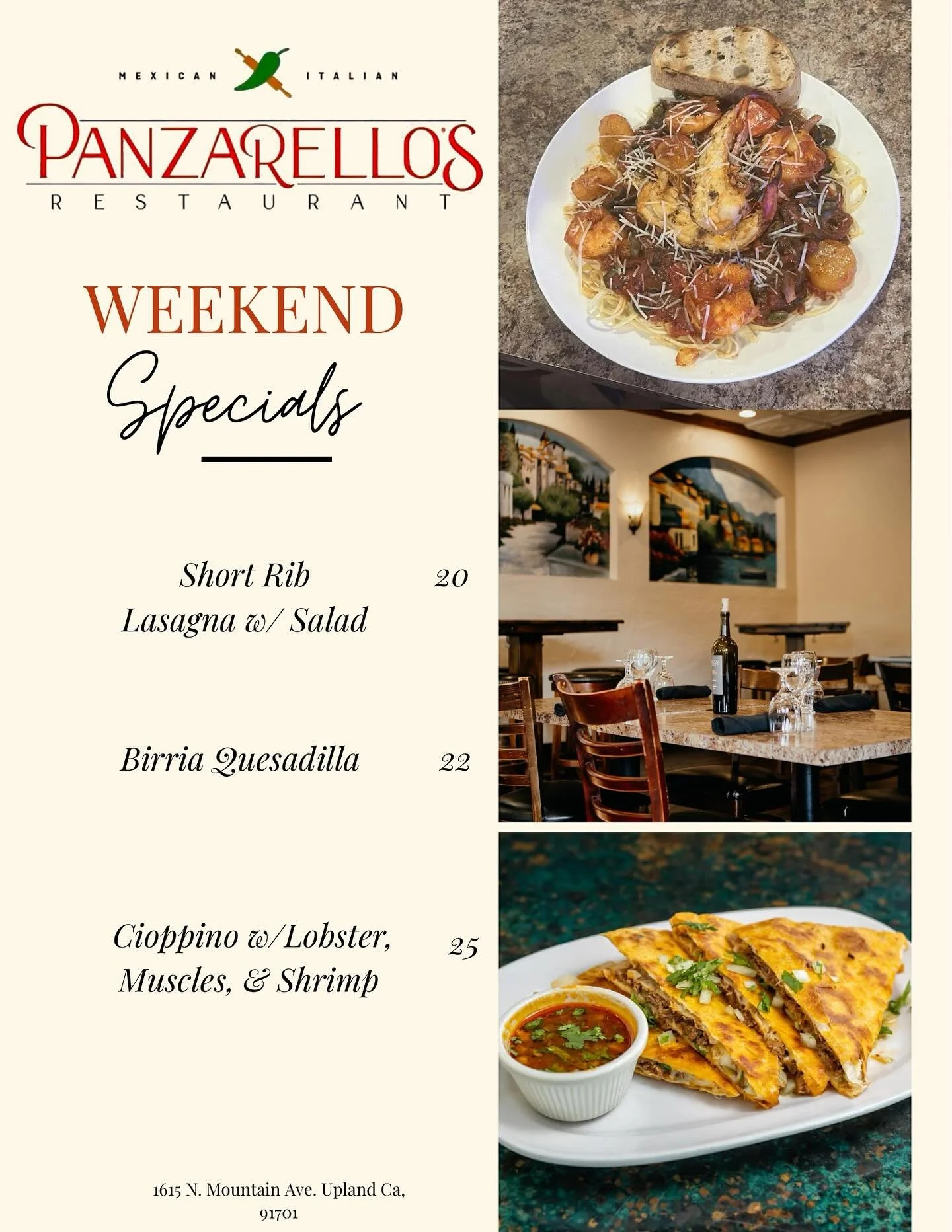 Weekend specials!!! Check it out! #cioppino #shortriblasagna #birriaquesadilla #panzarellos #panzarellosrestaurant #foodies #goodfood #weekendspecials