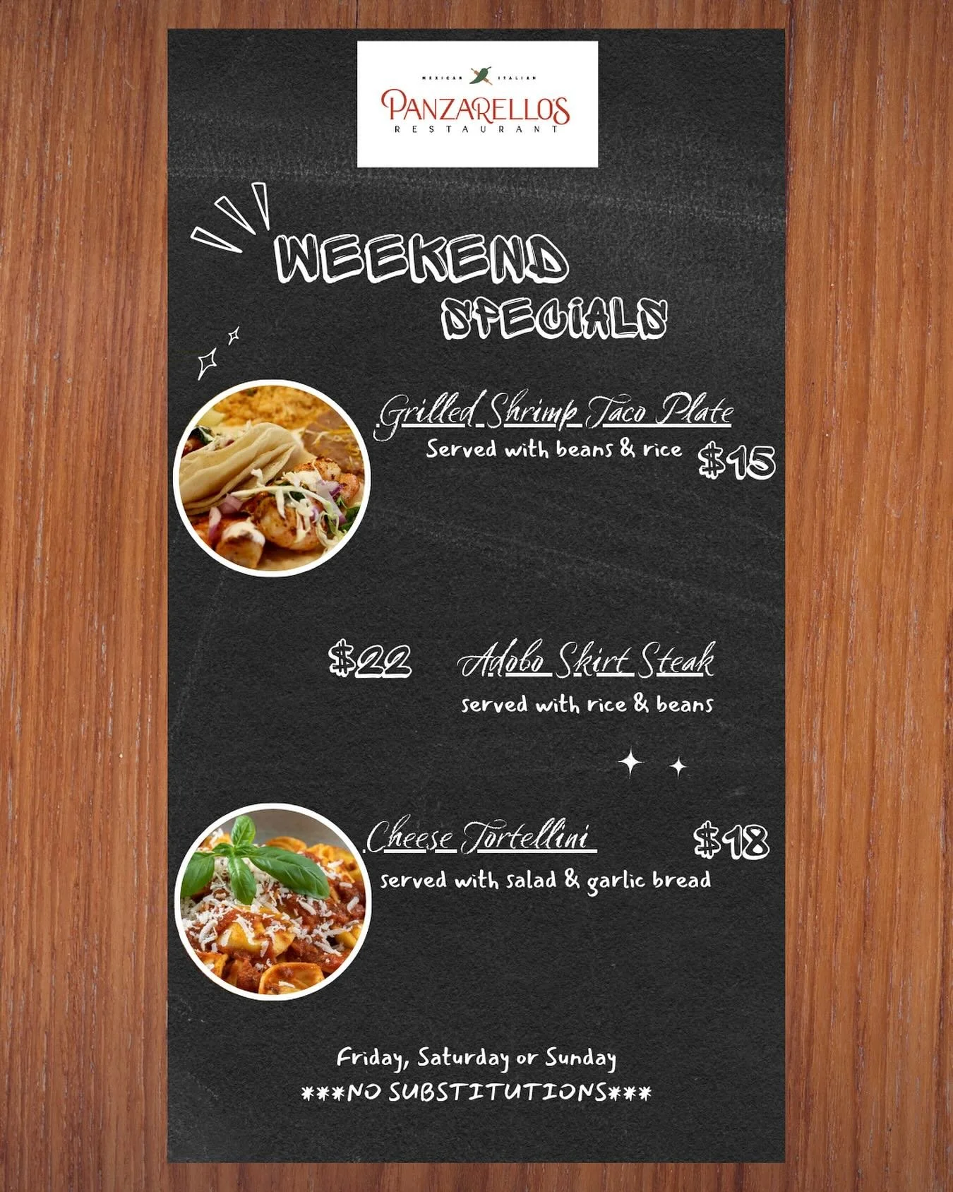 Weekend Specials!!! Our delicious Adobo Skirt Steak, Cheese tortellini with salad and garlic bread or our Grilled shrimp taco plate!!! Decisions, decisions!!! #weekendspecials #adoboskirtsteak #shrimptacos #tortellinimarinara #panzarellos #panzarello