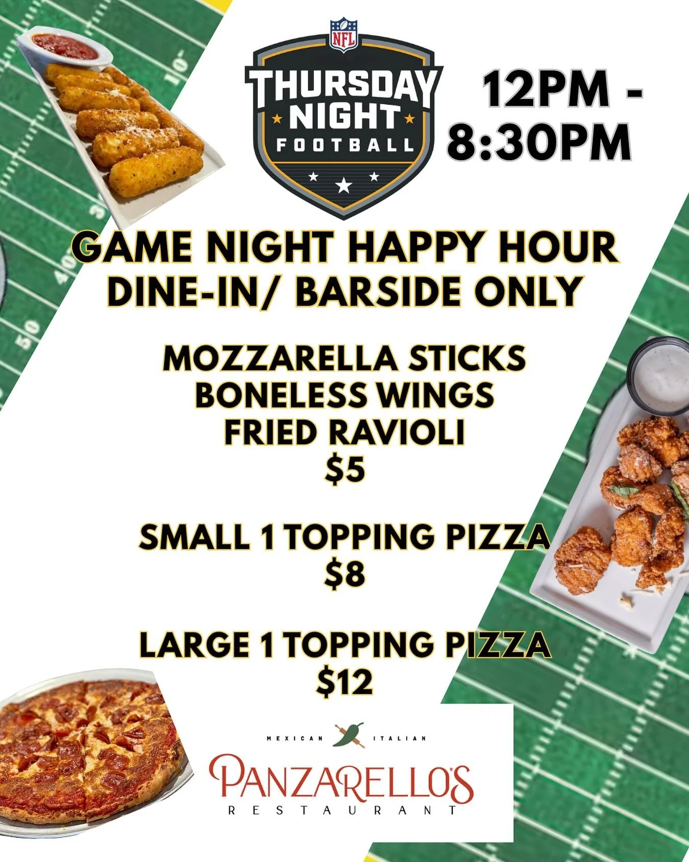 Thursday night football! Make your plans!! Enjoy our Happy Hour Specials !! See you Thursday! 🏈 🏈🍕🍕🍻