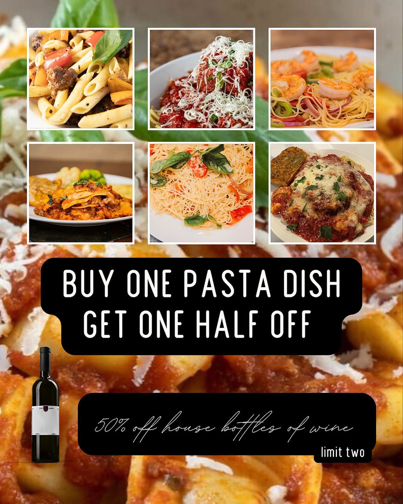 Thursday specials! Enjoy our pasta dishes buy one get one 50% off of equal or lesser value. Pair with your favorite wine ! #panzarellos #panzarellosrestaurant #foodies #pastas #pastabuyonegetonehalfoff #halfoffwine