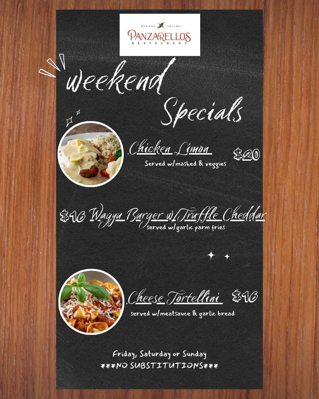 Weekend specials!! Come with friends and try all of our specials!! #weekendspecials #panzarellos #panzarellosrestaurant #foodies #truffle #wagyuburger  #tortellini #meatsauce #upland