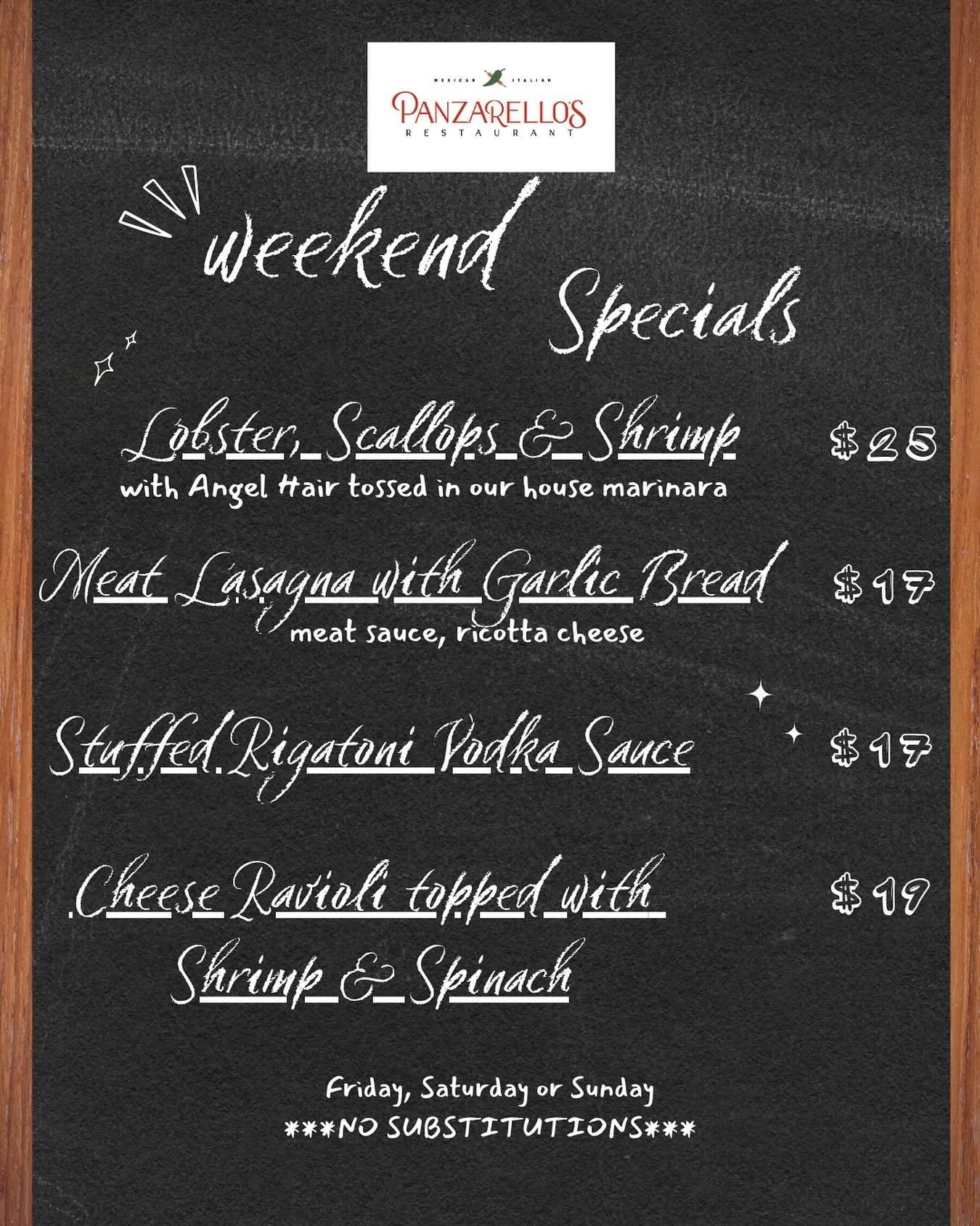 Check out our weekend specials!! #lasagna #stuffedrigatoni #tortellini #shrimp #scallops #foodies #panzarellos #panzarellosrestaurant