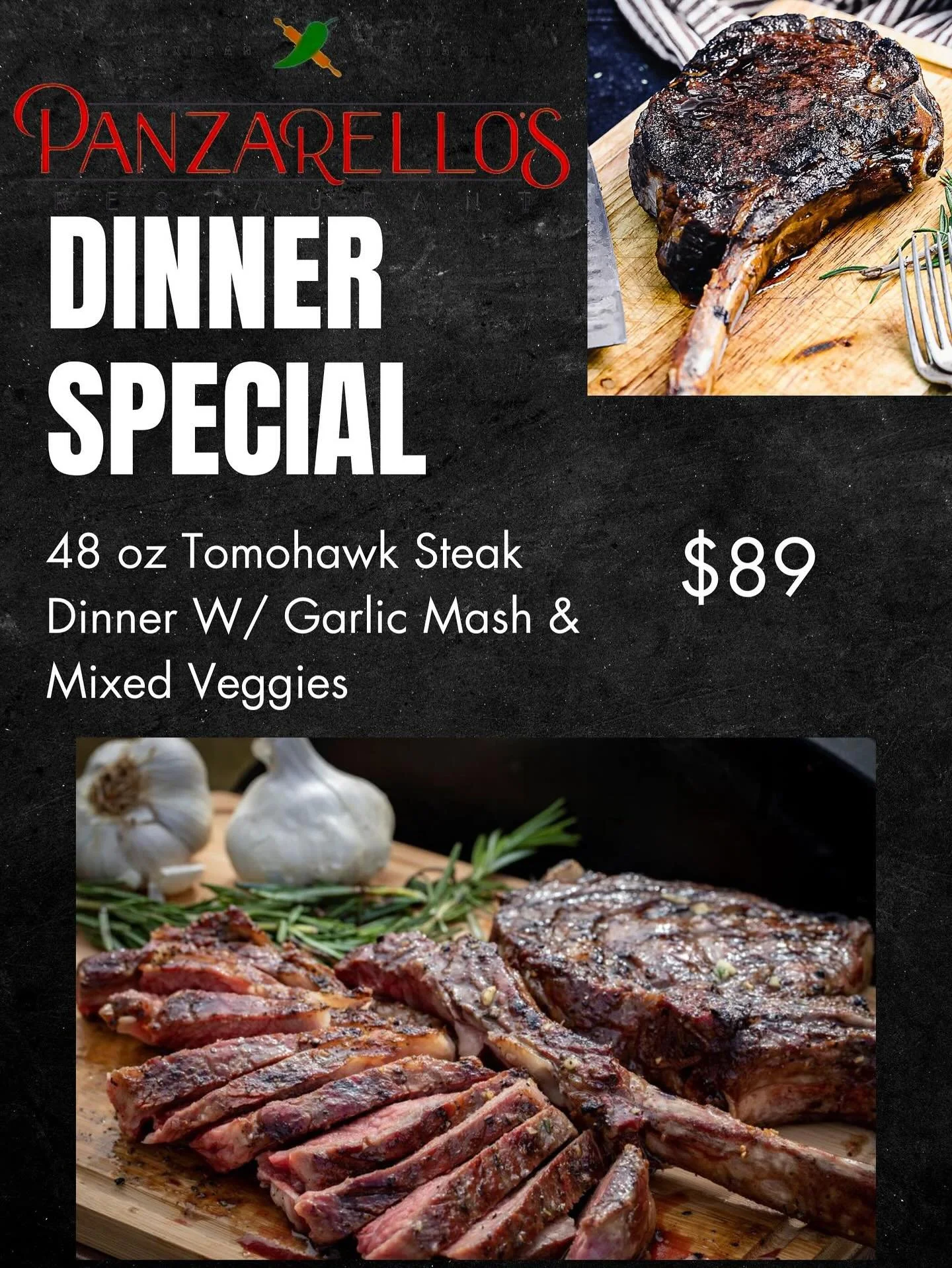 Weekend dinner special. Friday through Sunday!  #tomohawk #tomohawkdinner #panzarellos #panzarellosrestaurant #foodie #makeyourreservation