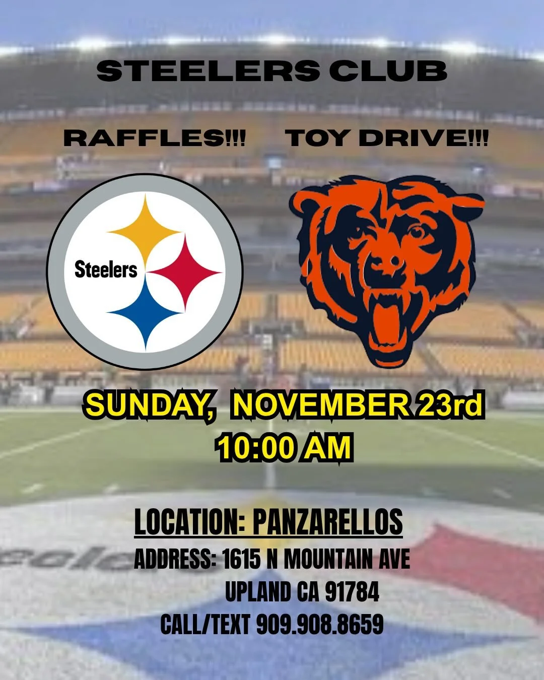 Make your reservations now! Text the number on the flyer. For the toy drive, bring a new, unwrapped toy valued at $10 or more to receive a raffle ticket for a chance to win a gift basket and enter a half time raffle!! #panzarellos #panzarellosrestaur