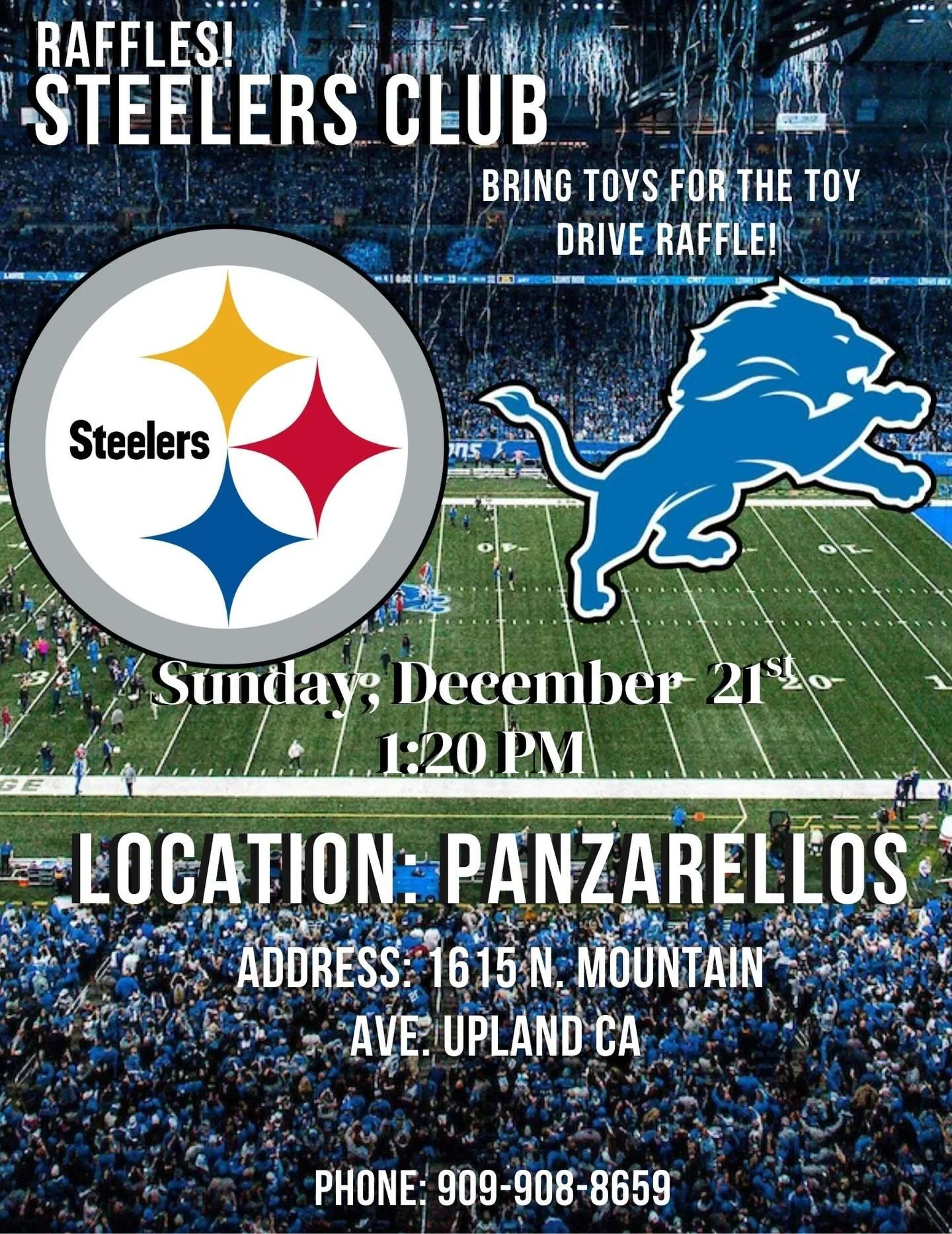 Let&rsquo;s keep this going! Make your reservations now!! Bring  a toy valued at $10 or more to enter a raffle! #panzarellos #panzarellosrestaurant #steelers #pittsburgh #pittsburghsteelers #nfl #steelersfootball