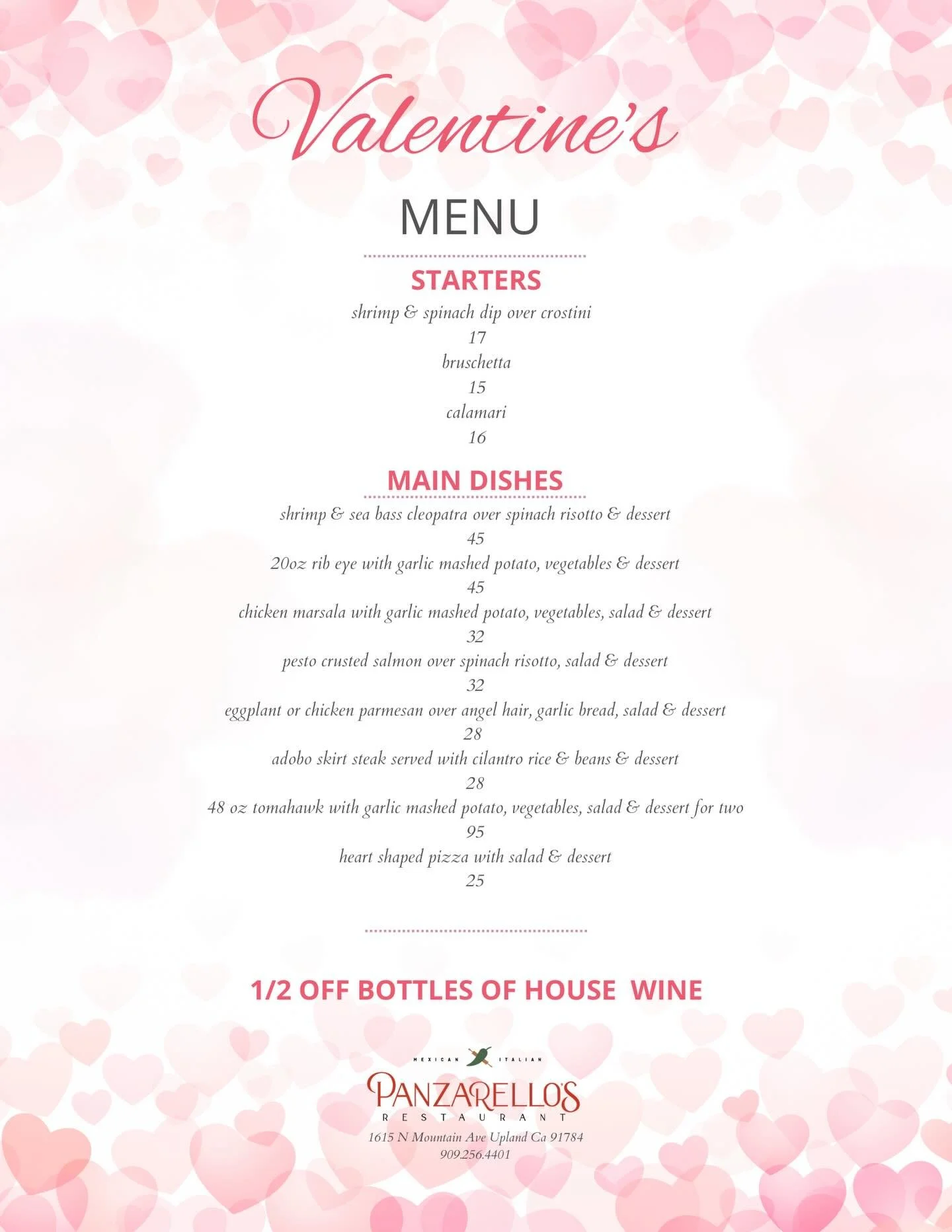 Last day to enjoy our Valentine&rsquo;s Day featured items!! Celebrate all weekend! Nothing wrong with that!! #thatsamore #panzarellos #panzarellosrestaurant #valentinesday #myvalentine
