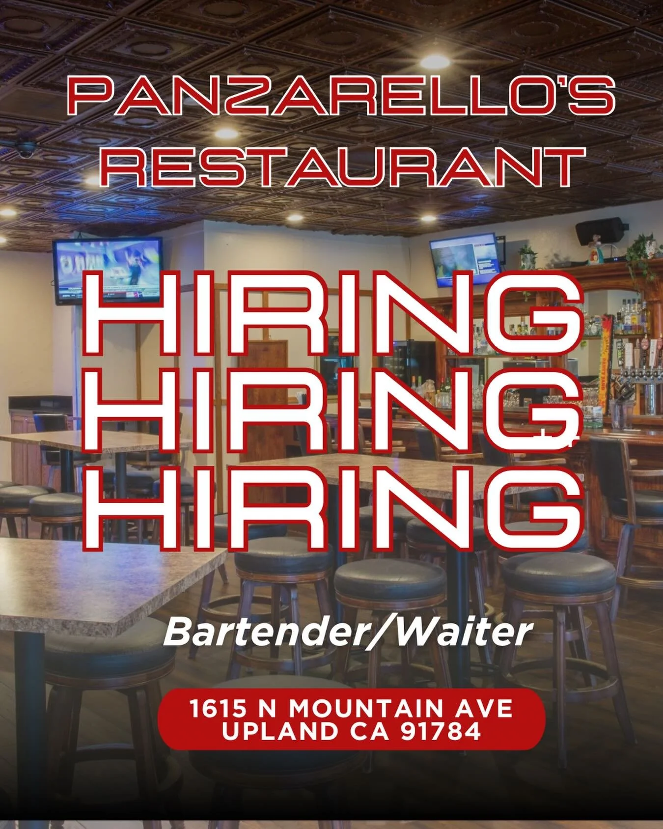 Now hiring a bartender/waiter. #nowhiring #panzarellosrestaurant #bartenderwaiter #upland