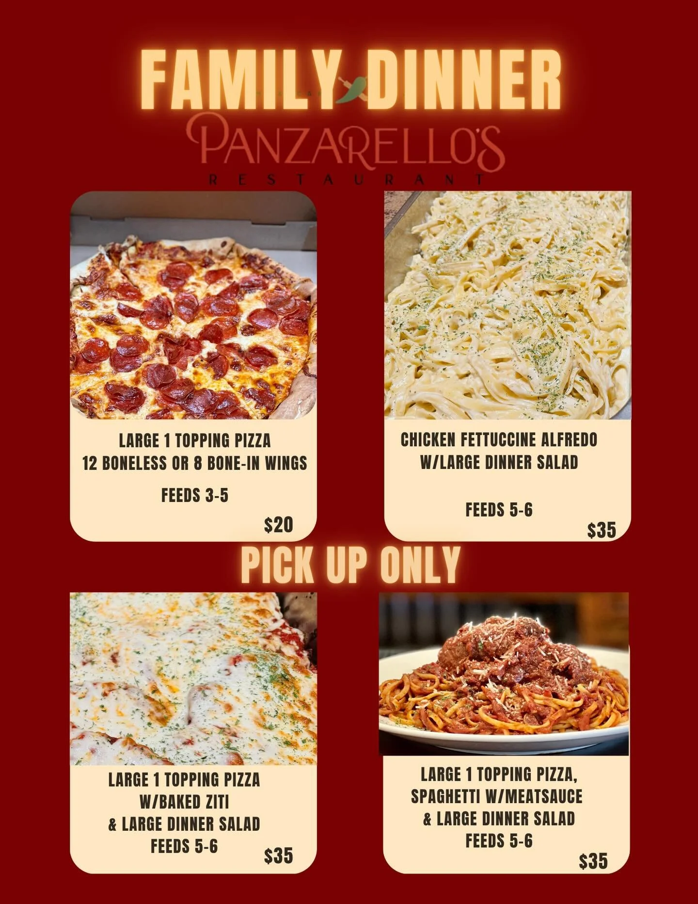 Check out our family deals!!!! Pick up only. #familydinners #familyfoodie #panzarellosrestaurant #eatupland