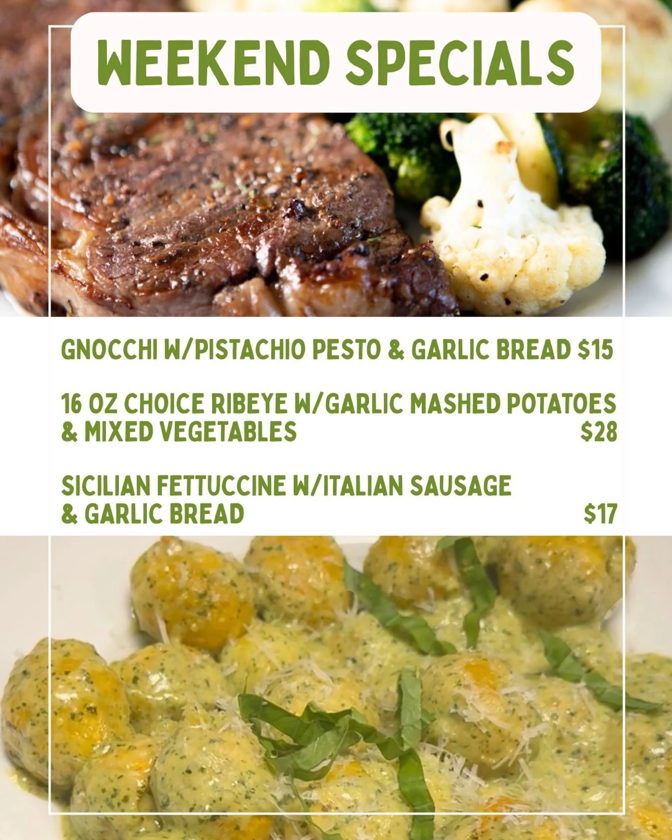 Friday &amp; Saturday only! Try out weekend specials! #panzarellosrestaurant #foodies #weekendspecials #eatupland  #ribeye