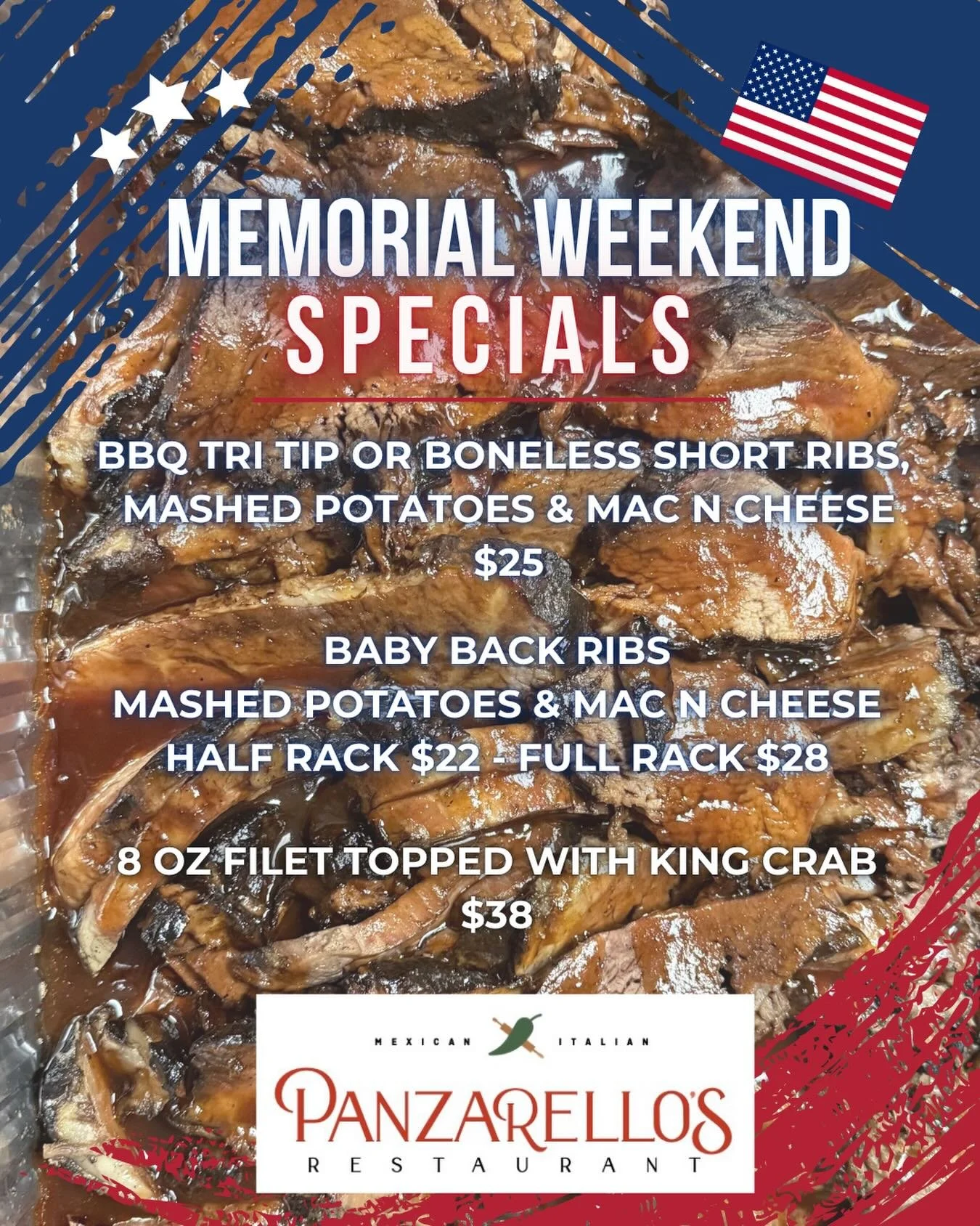 Memorial weekend specials!! Friday-Saturday-Sunday *no substitutions* #panzarellosrestaurant #memorialweekend #eatupland #bbq #foodie