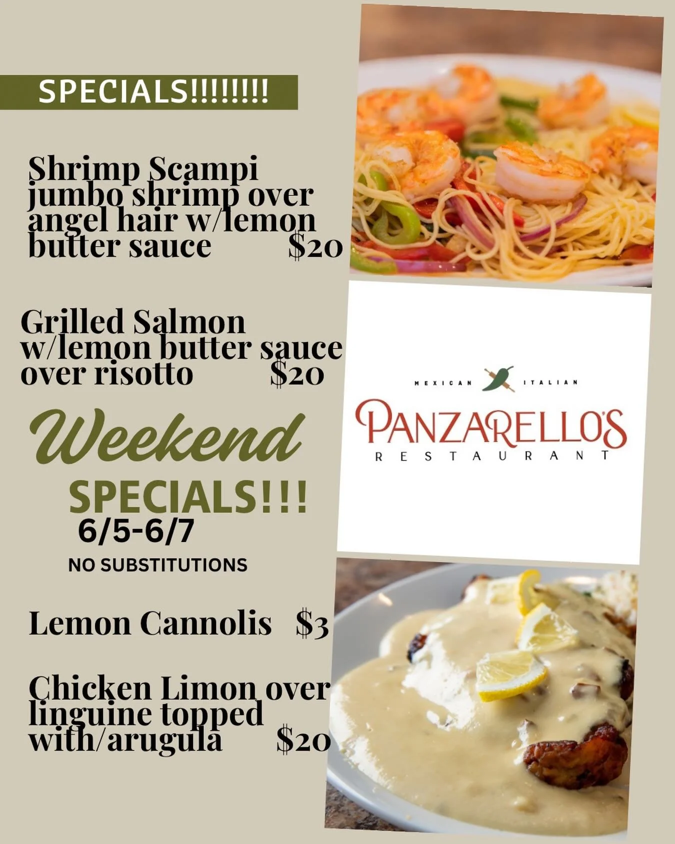 This weekend specials!! #panzarellosrestaurant #foodie #eatupland #weekendspecials #italianfood