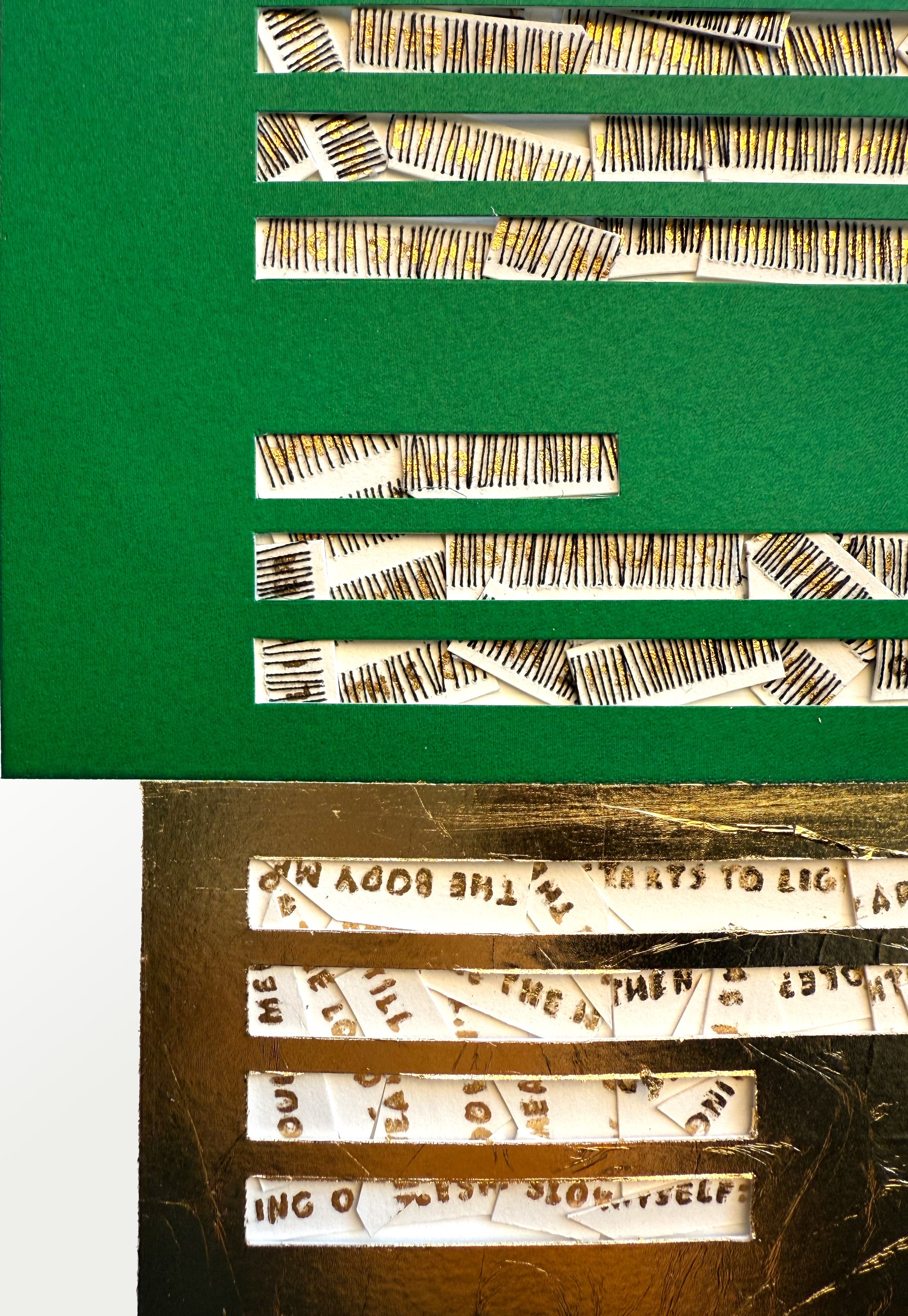 Book of Hours: Shame, 2025, Paper, acrylic, gold leaf, thread, 19.25 x 16.25 in