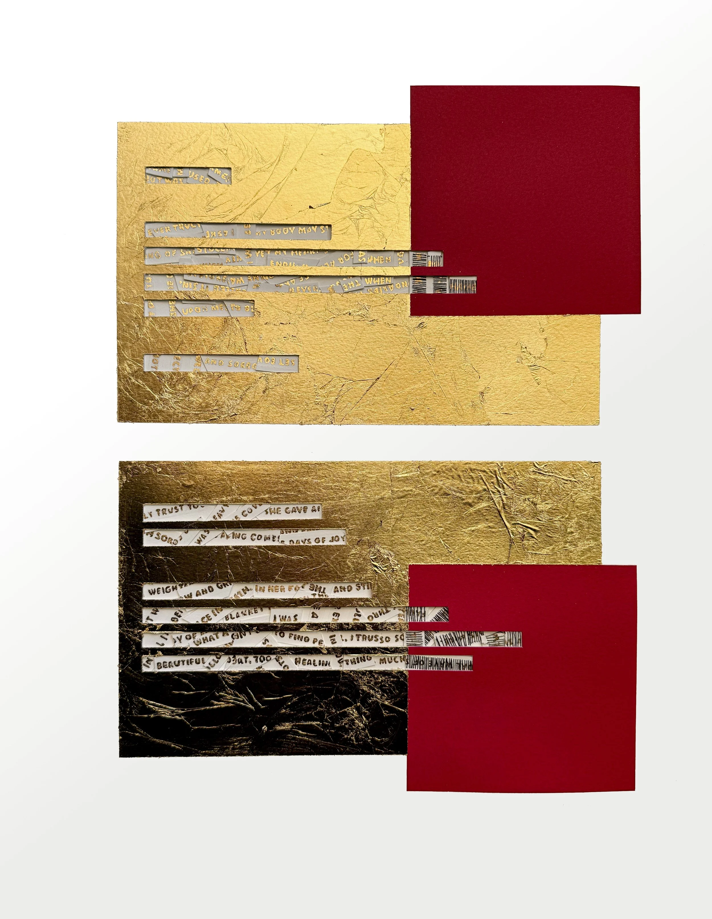 Book of Hours: Blame, 2025, Paper, acrylic, gold leaf, thread, 19.25 x 16.25 in