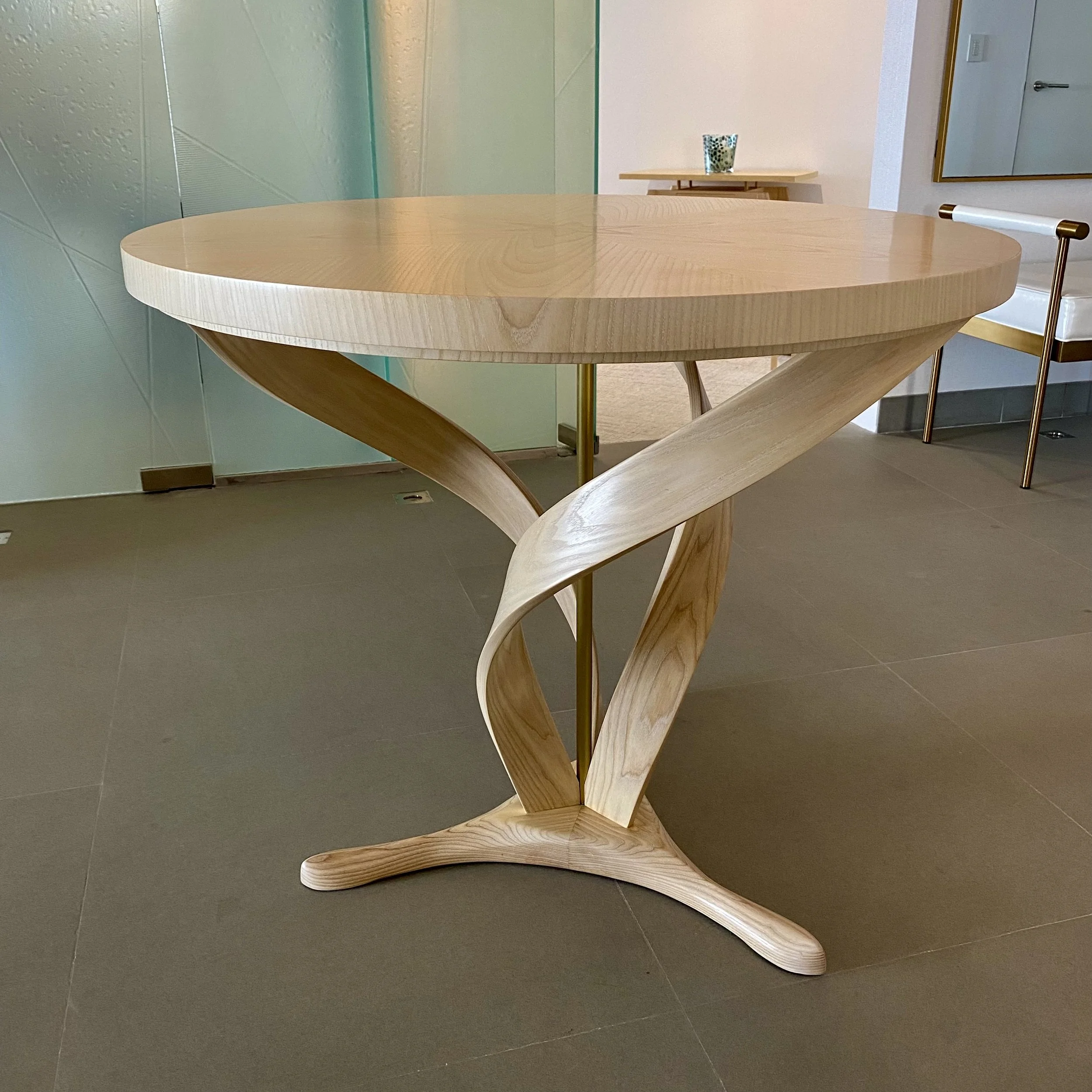 Triple Helix Round Foyer Table (2023), Ash, Brass. 34" Diameter Top x 30" Height