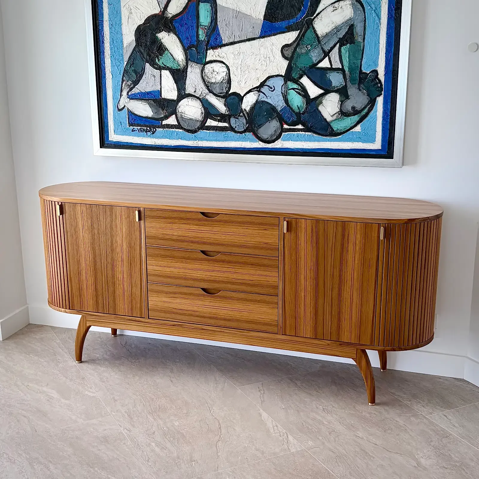 Sideboard (2026), Teak, Brass (with Ash and Walnut drawer components). 66"x18"x32"