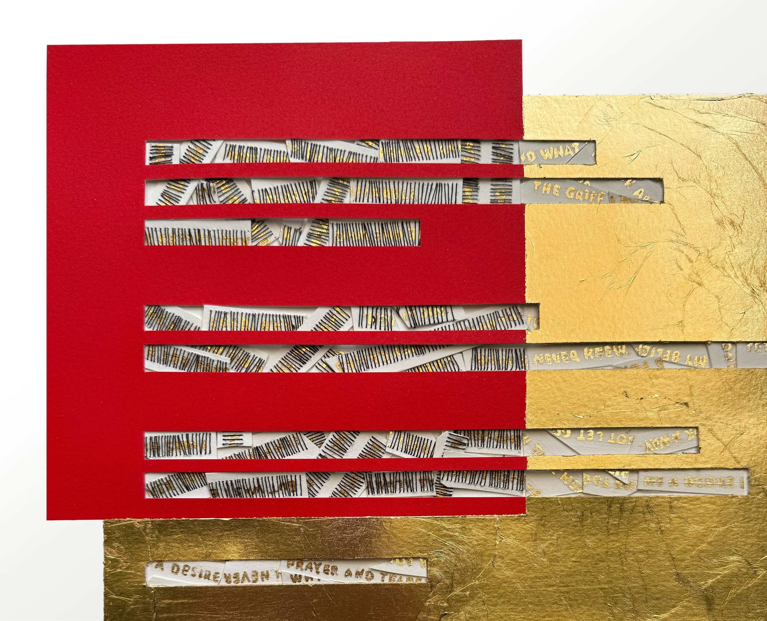 Book of Hours: Loss, 2025, Paper, acrylic, gold leaf, thread, 19.25 x 16.25 in
