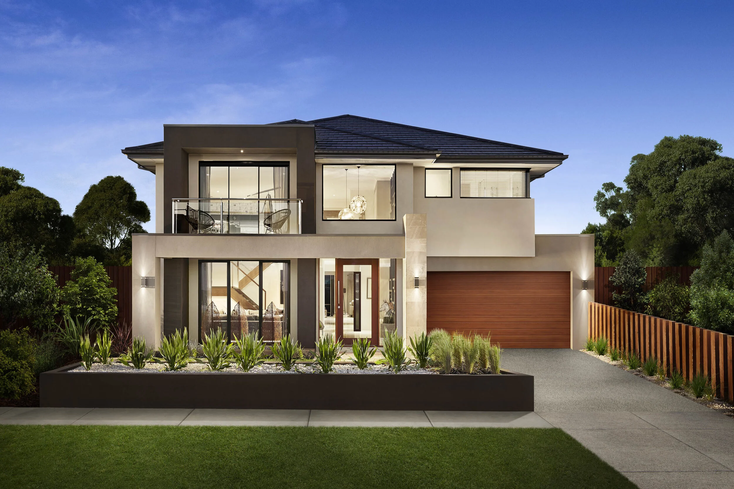 Raw processing, exposure blend, object removal, addition of landscaping elements & garage door, sky replacement.