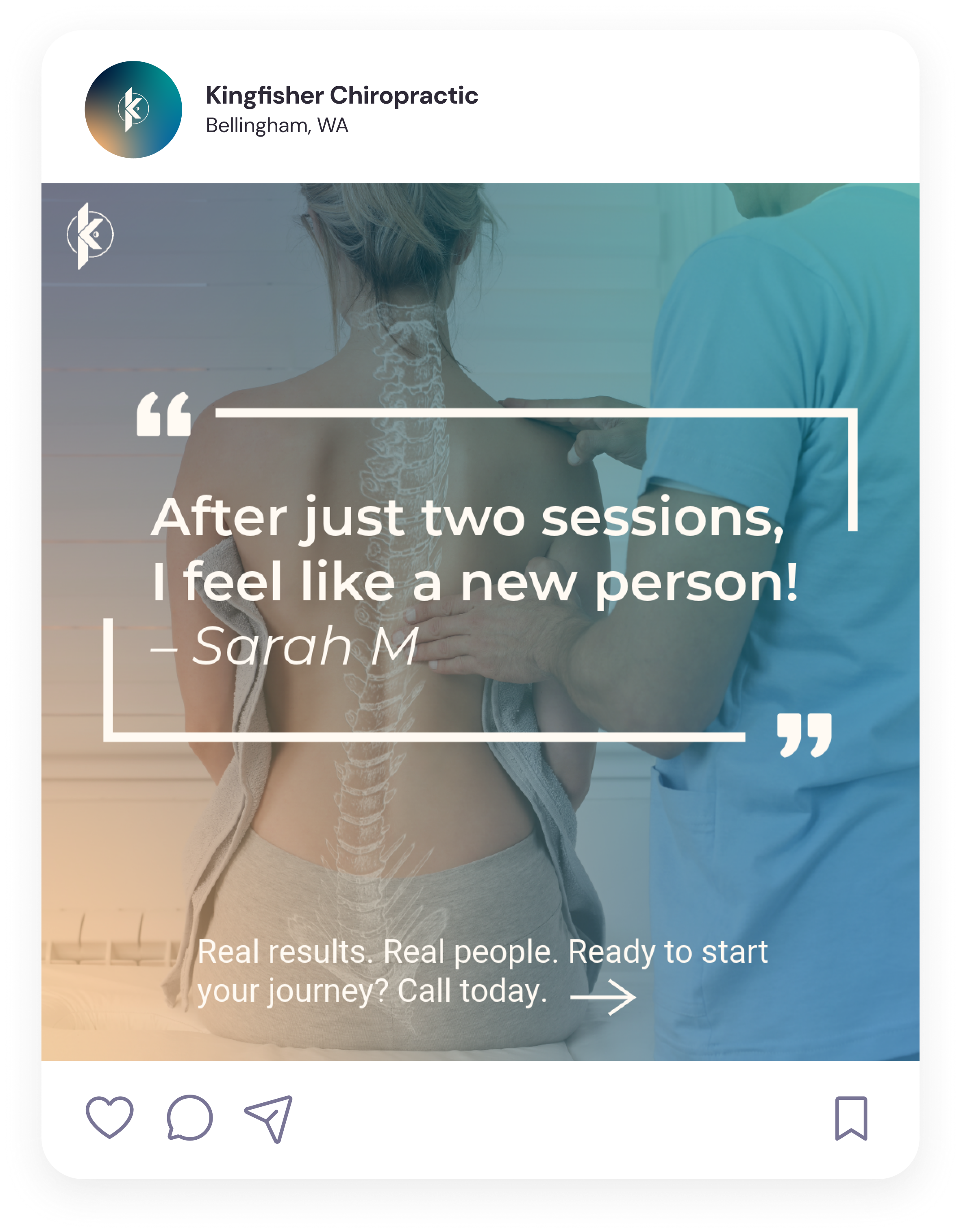 A woman receiving chiropractic treatment with her back exposed, showing a spine graphic on her back, inside a chiropractic office. The overlay contains a quote from Sarah M about feeling like a new person after two sessions, and a call to action to call for a consultation.