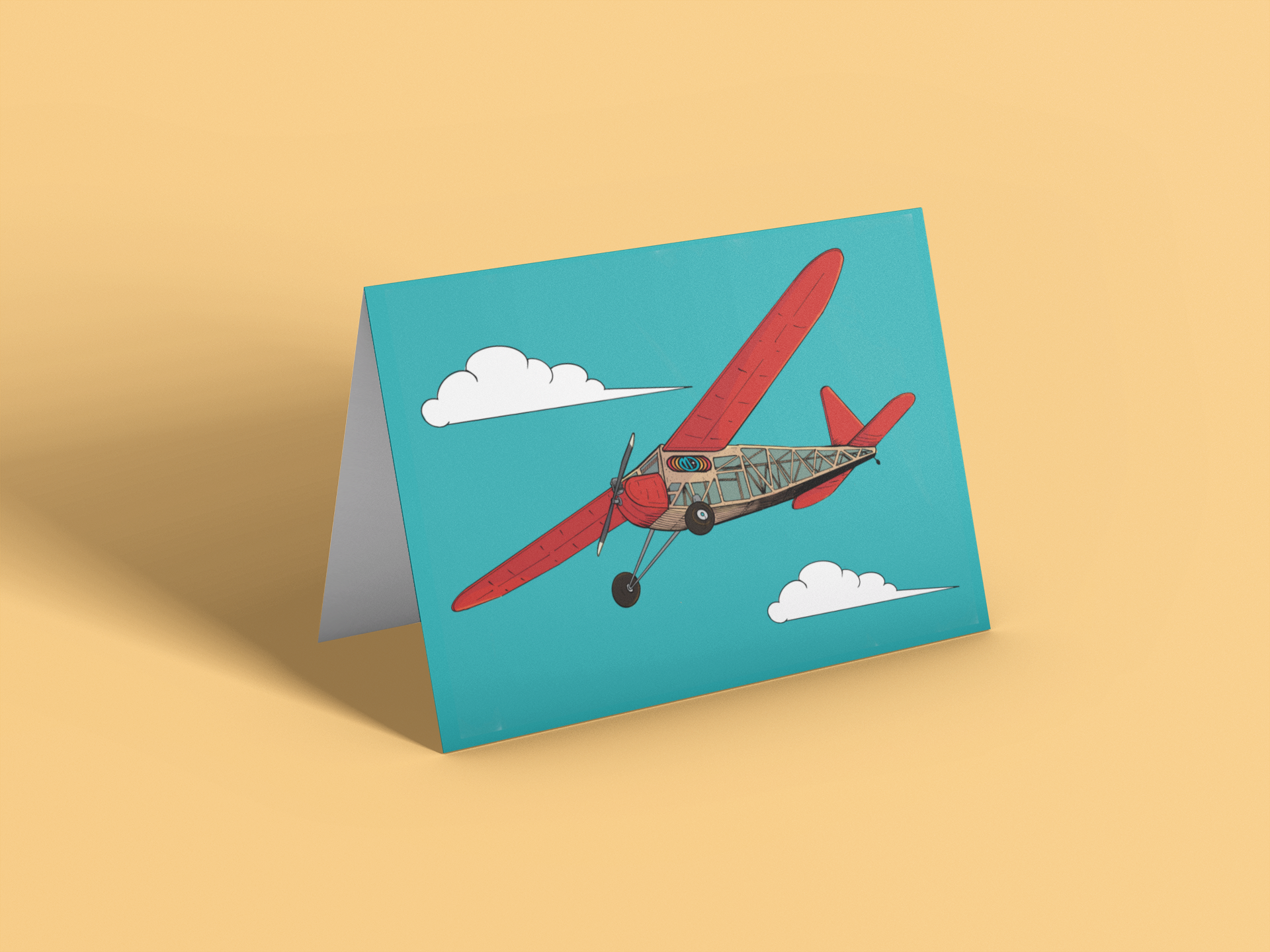 A colorful illustration of a vintage-style airplane with red wings and tail, flying in a blue sky with white clouds.