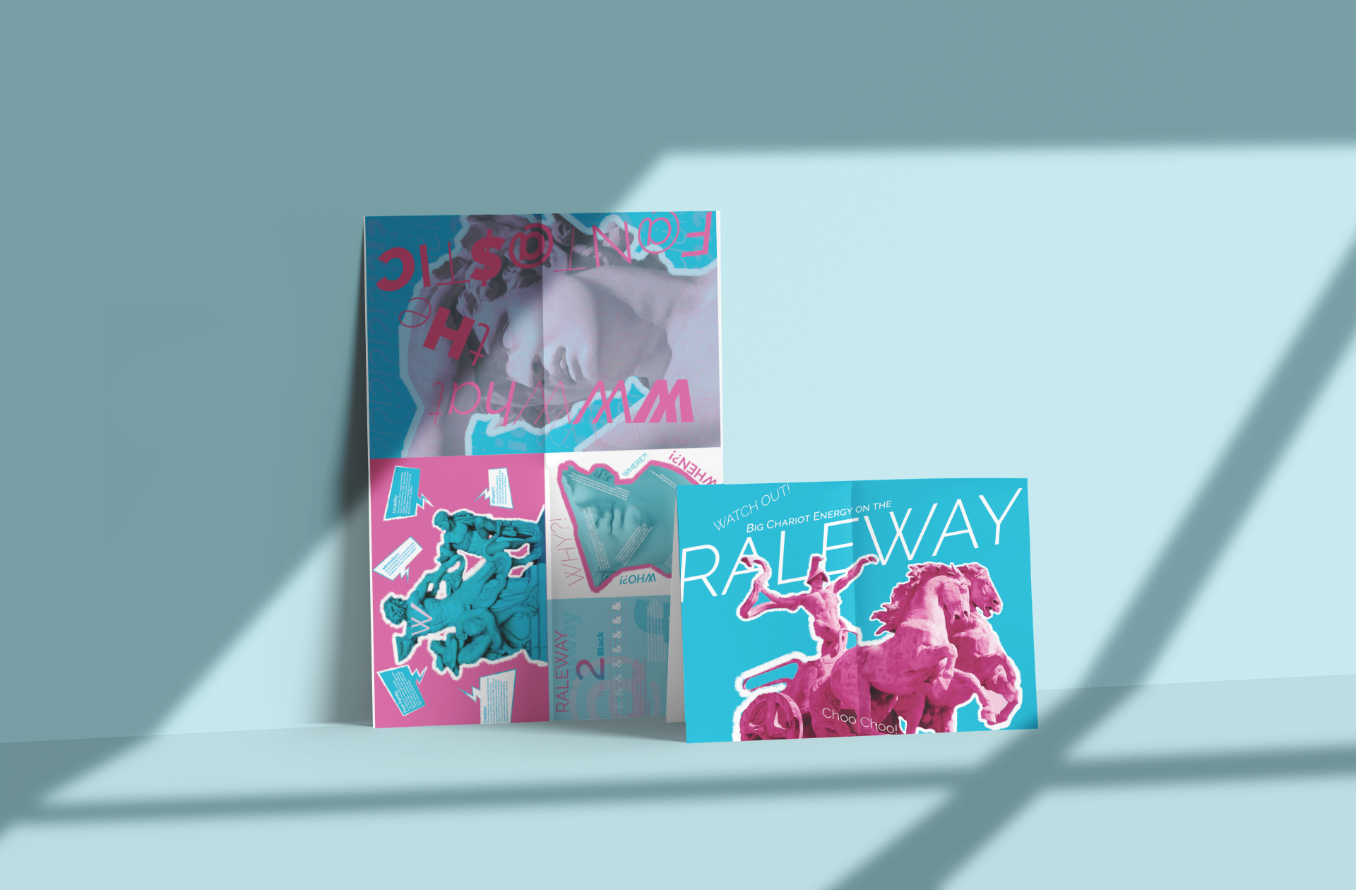 Two colorful posters, one pink and one blue, featuring vintage-style imagery and text about a relay race, with a dominant pink statue of a horse and rider on the blue poster.