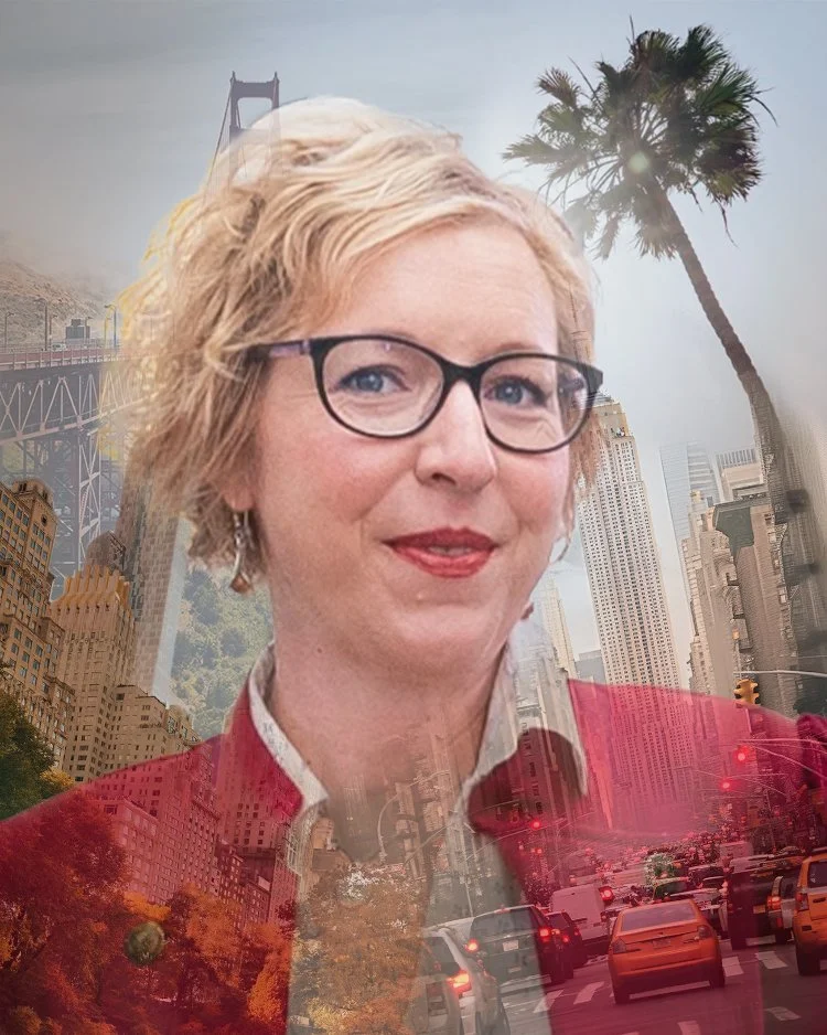 A woman with shoulder-length brown hair and earrings, smiling slightly, in front of a double exposure background of palm trees, a sunset, and a cityscape.