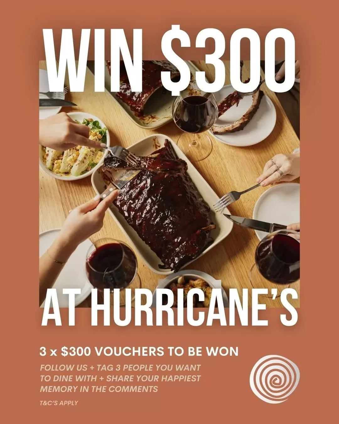 WIN $300 🤑 TO SPEND AT HURRICANE'S 🥩 ! As your happy place, we're all about spreading the joy - that is, the joy of premium steaks and ribs! You and your friends are in for a delicious dining experience, if you're 1 of the 3 winners of this giveawa