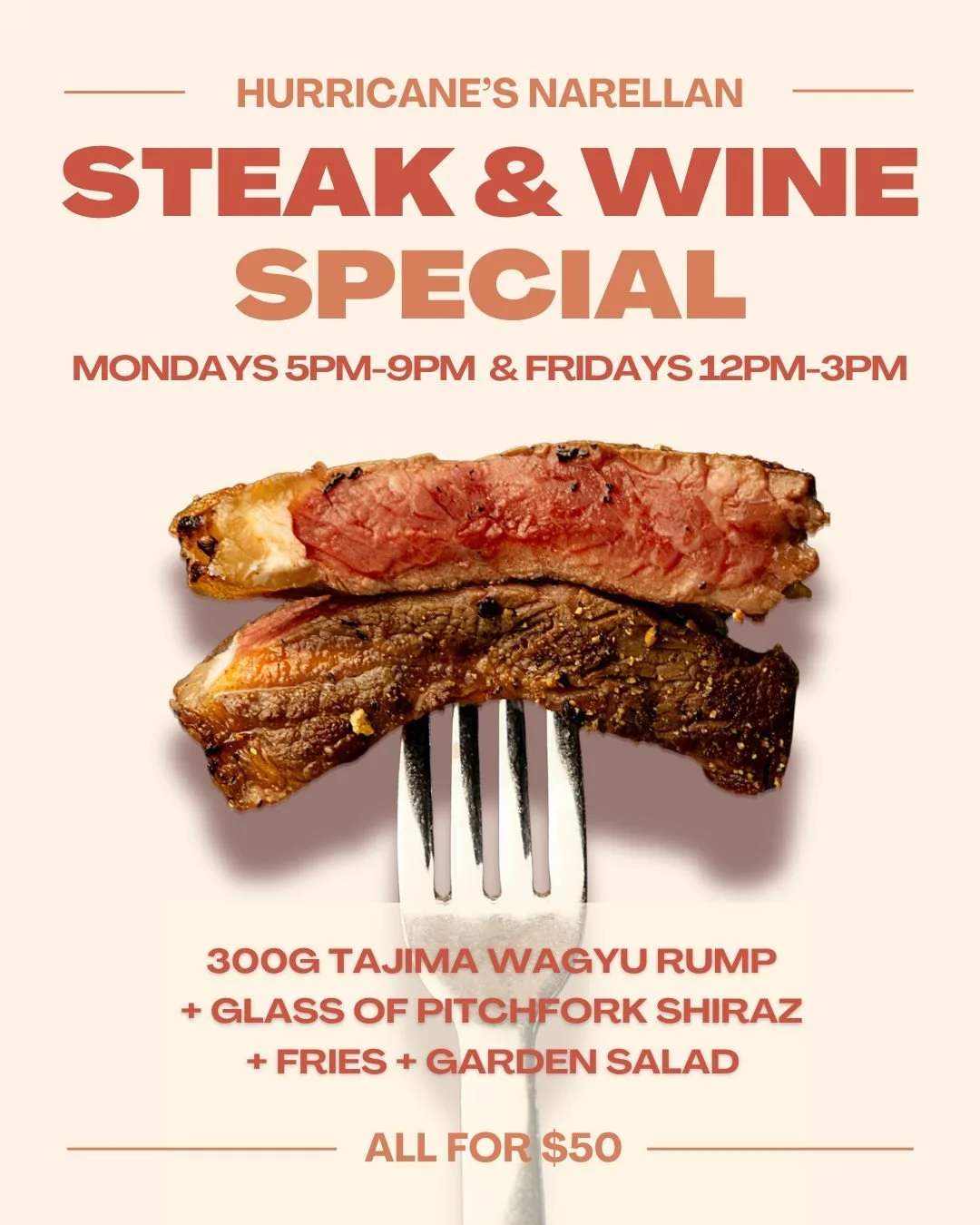 STEAK &amp; WINE SPECIAL AT NARELLAN ⭐: Starting Monday 1st June, you can enjoy our brand new $50 steak &amp; wine special at Hurricane's Narellan, with award-winning grain-fed MB4+ rump from @tajimaaustraliangrainfedwagyu 🥩, served with fries and a