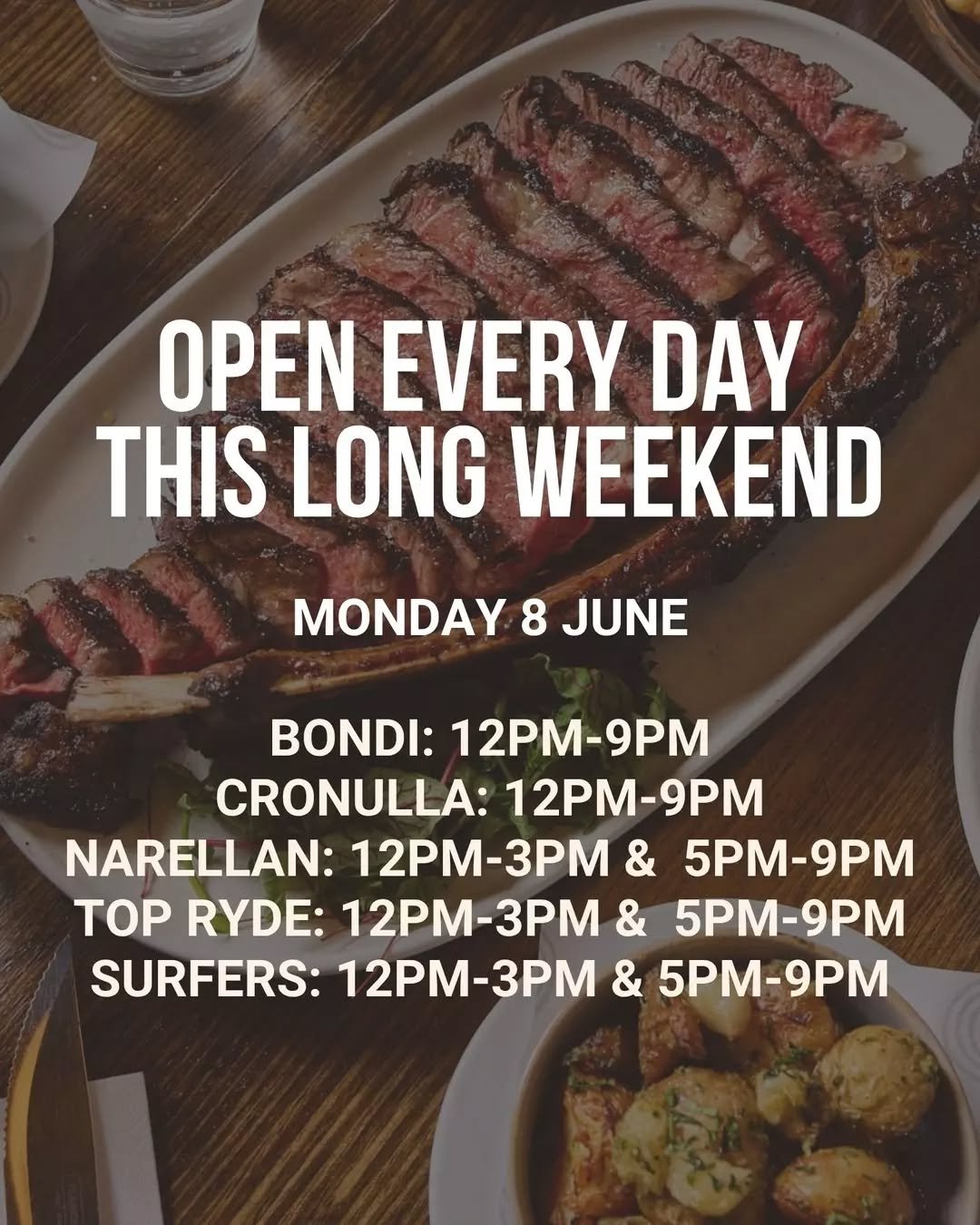 Long weekend at Hurricane's? Yes please!

Do it right with a premium quality steak to share with your friends and family. We're open every day this upcoming long weekend so book ahead for your favourite rack of ribs, fully loaded burgers, delicious w