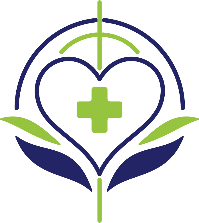 A stylized heart-shaped medical cross surrounded by leaves and a heart outline, symbolizing health and care.