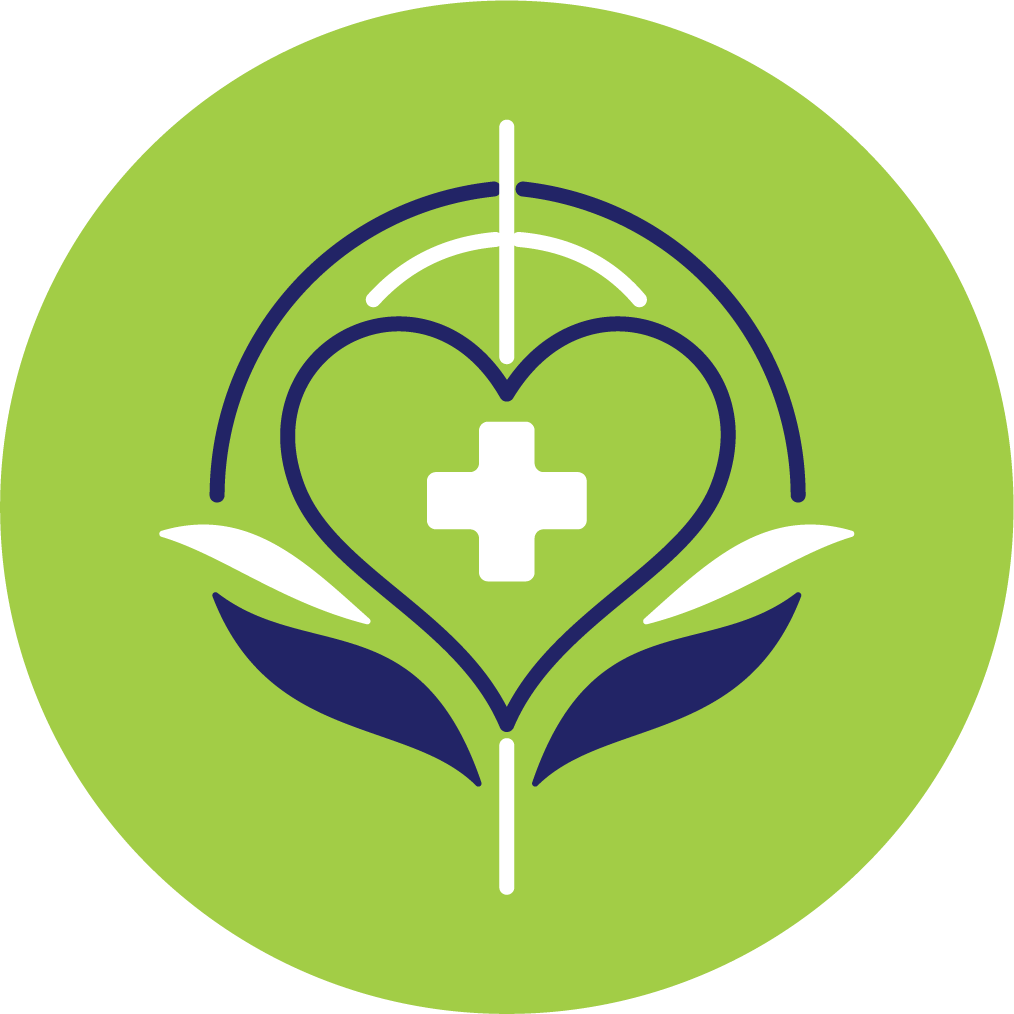 A green circular background with a white hand holding a heart-shaped symbol outlined in blue, containing a white medical cross. The design includes leaf-like elements and a line extending from the top to bottom of the circle.