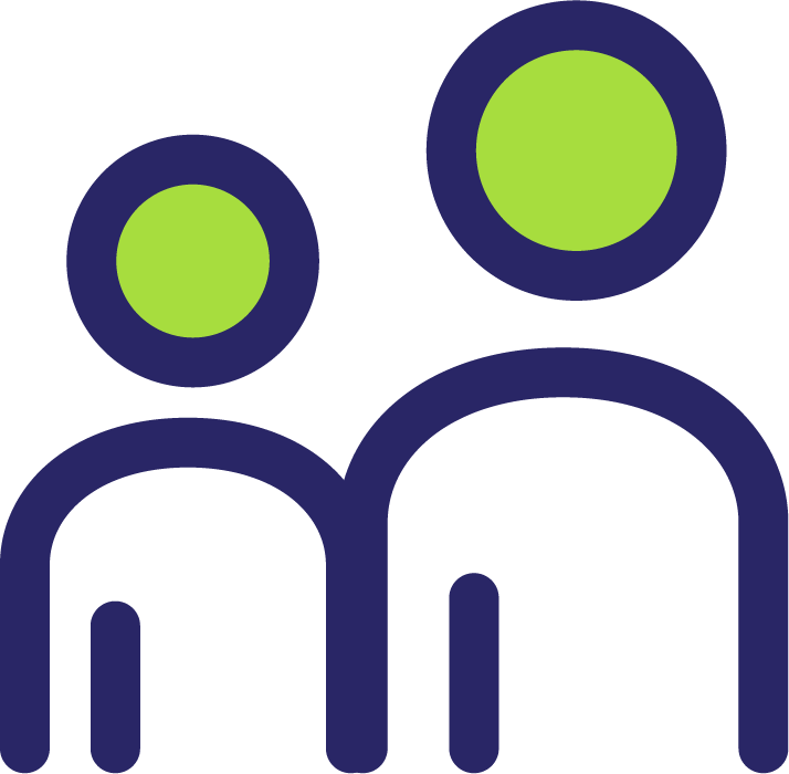 Illustration of two abstract human figures with green heads and dark blue outlines.