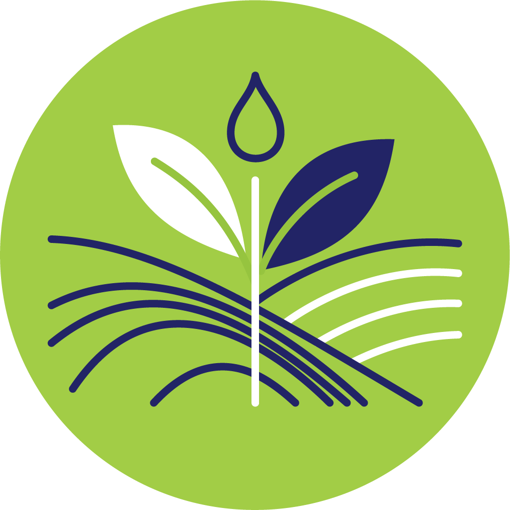 A circular logo with a green background featuring stylized leaves, water drops, and wavy lines representing nature and sustainability.