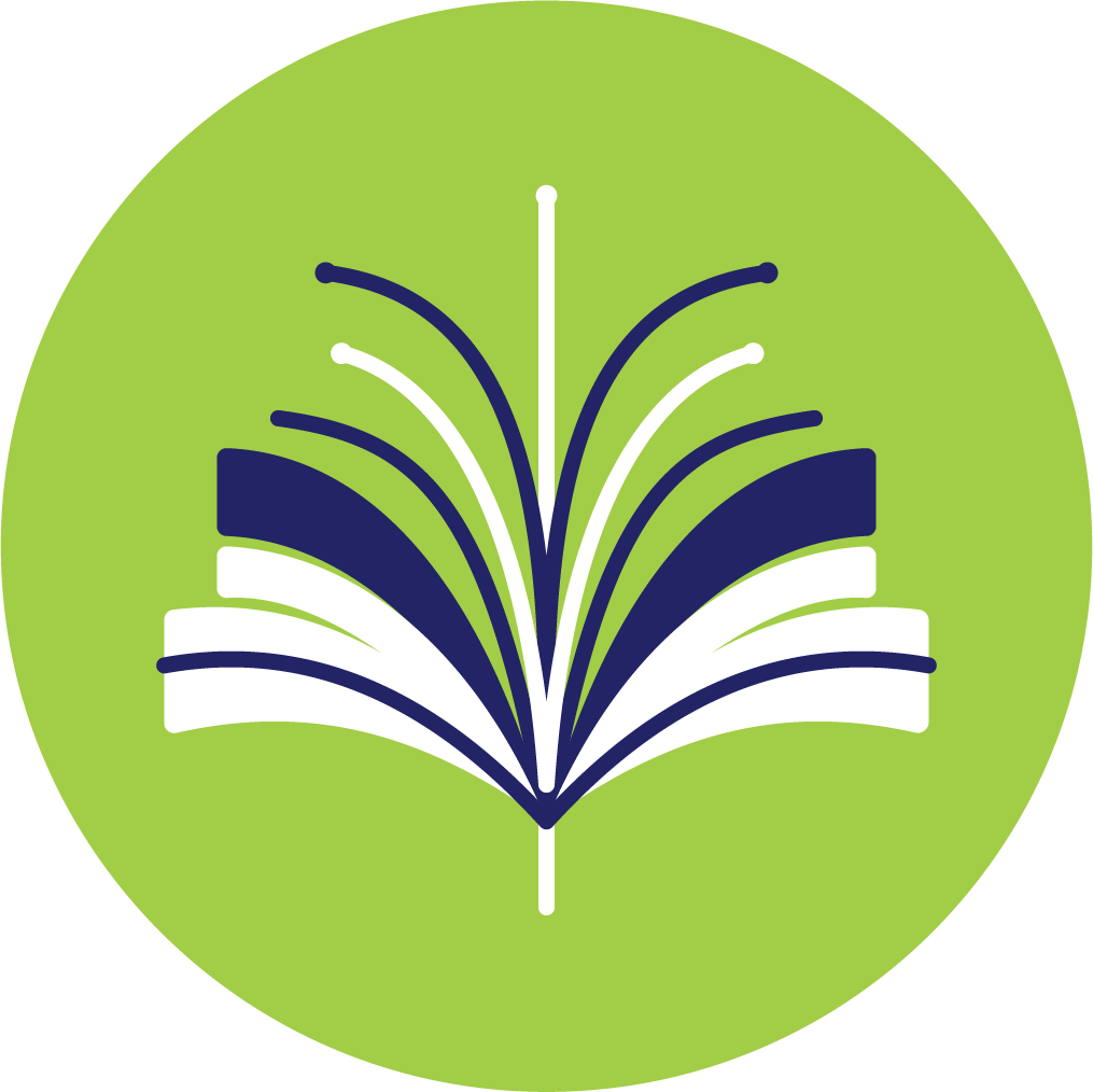 Simplified logo of an open book with lines resembling water fountains, inside a green circle.