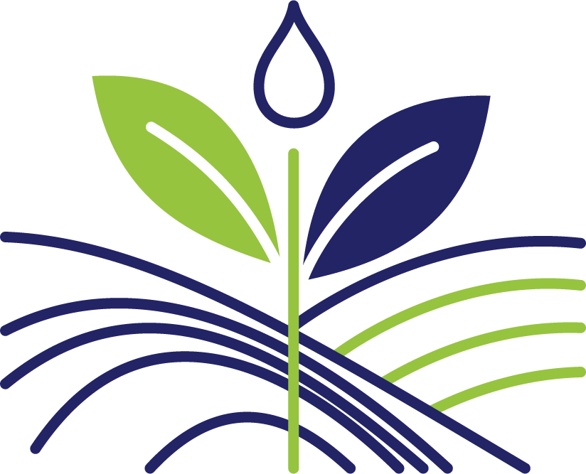 A stylized logo of plant sprouting with two green leaves, two blue leaves, and a raindrop above, with curved lines representing soil or ground.