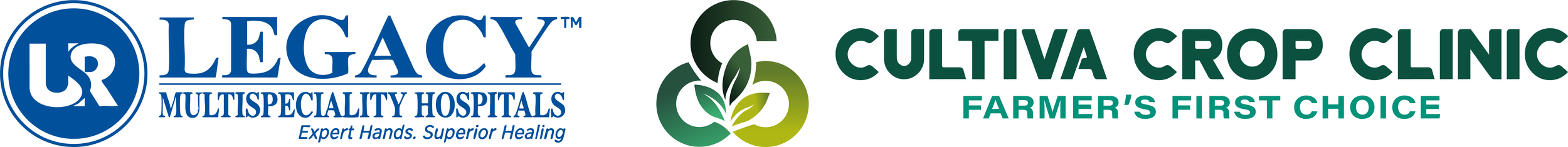 Logo of Legacy Multispecialty Hospitals and Cultiva Crop Clinic with tagline Farmer's First Choice.