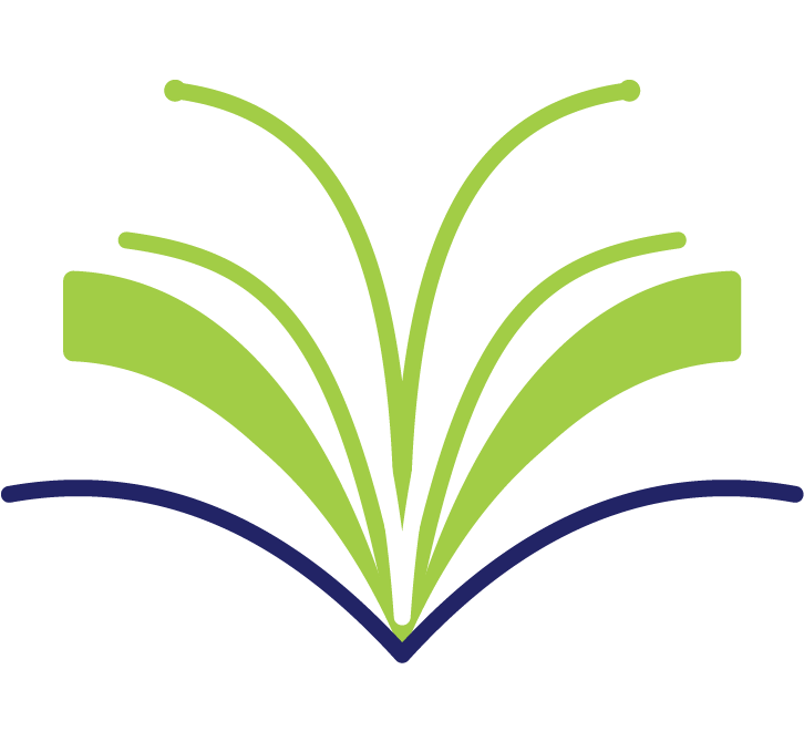 Stylized open book with pages in green, white, and blue, arranged to resemble a blooming plant.
