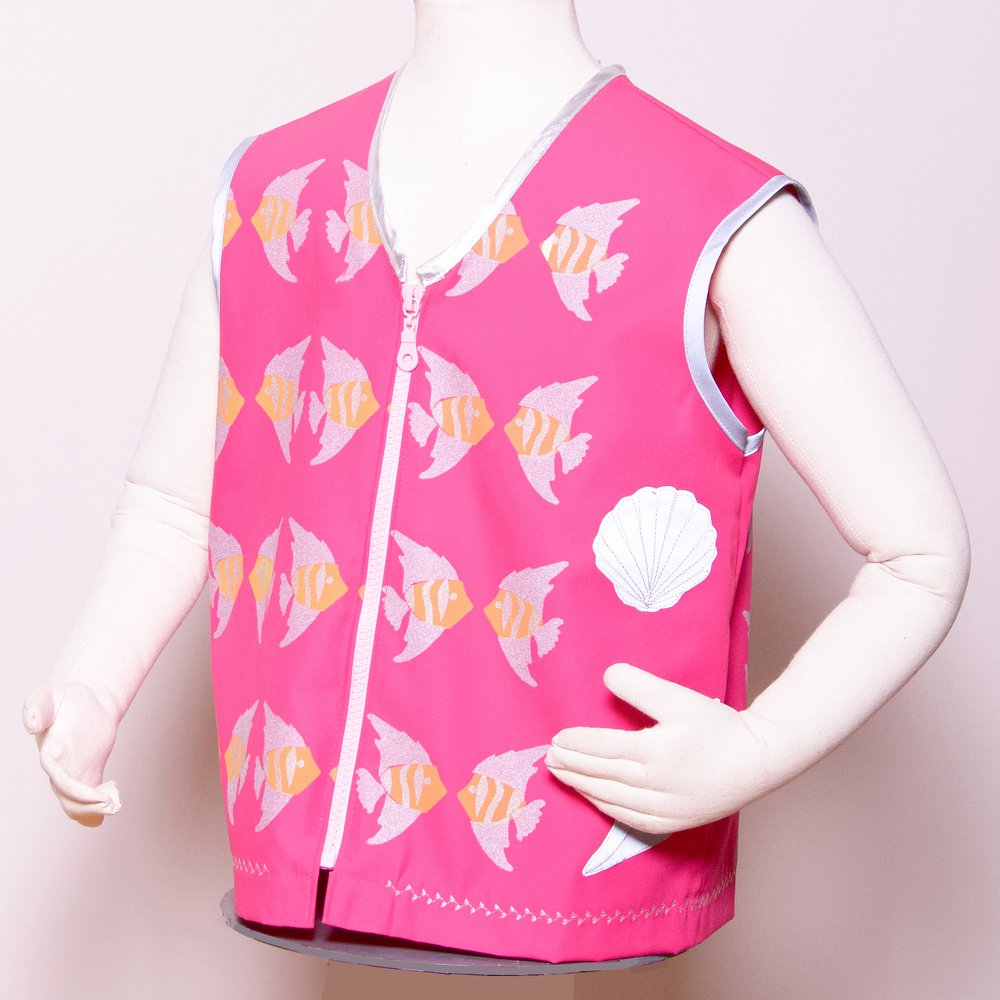 Bright pink kids hivis cycle vest with screen printed fish pattern by  Sparklewear. — Sparklewear