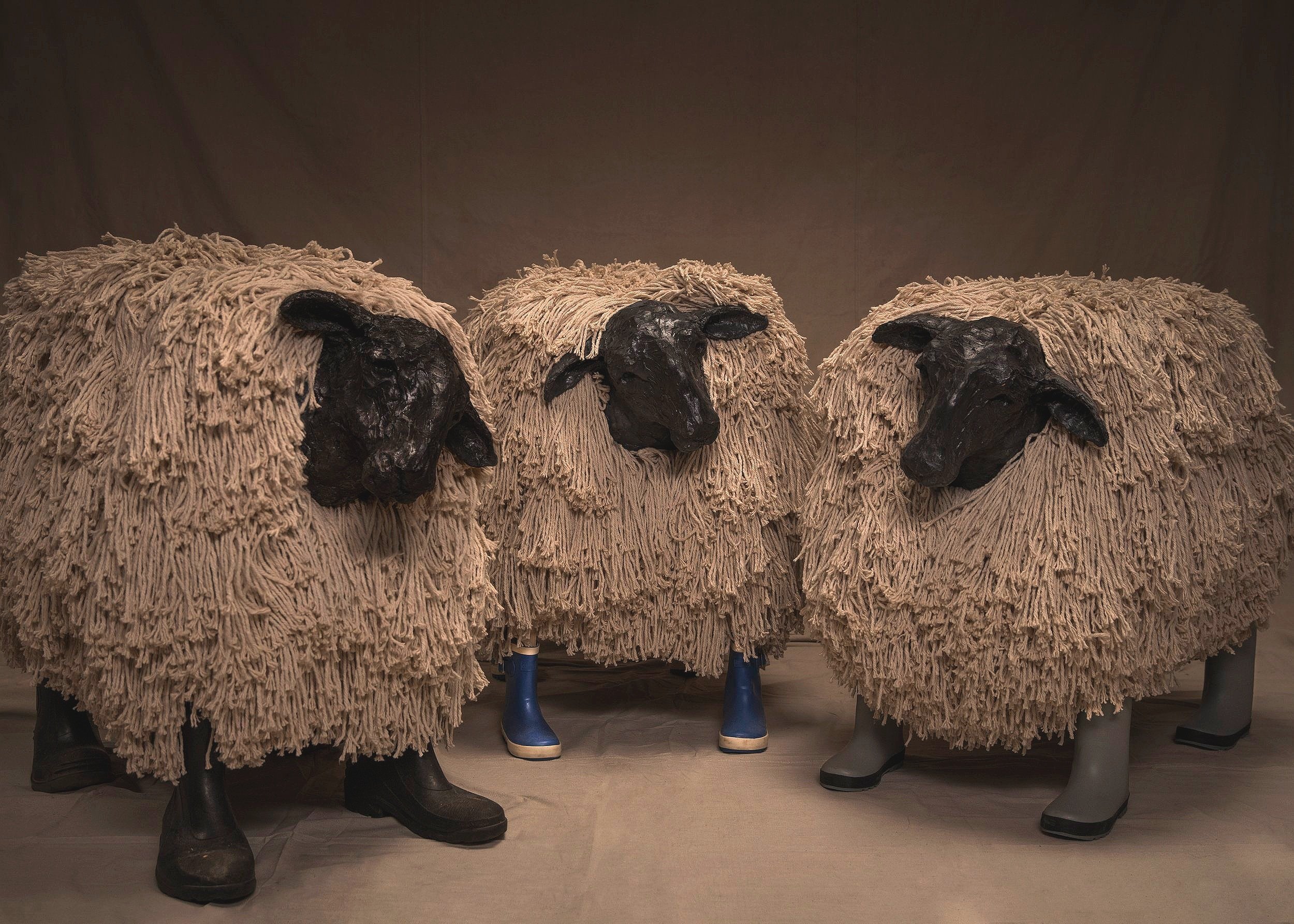 'The Mop Up'
A flock of 7 mop-sheep
Mop-Heads, Wood, Steel, Cement, Gumboots