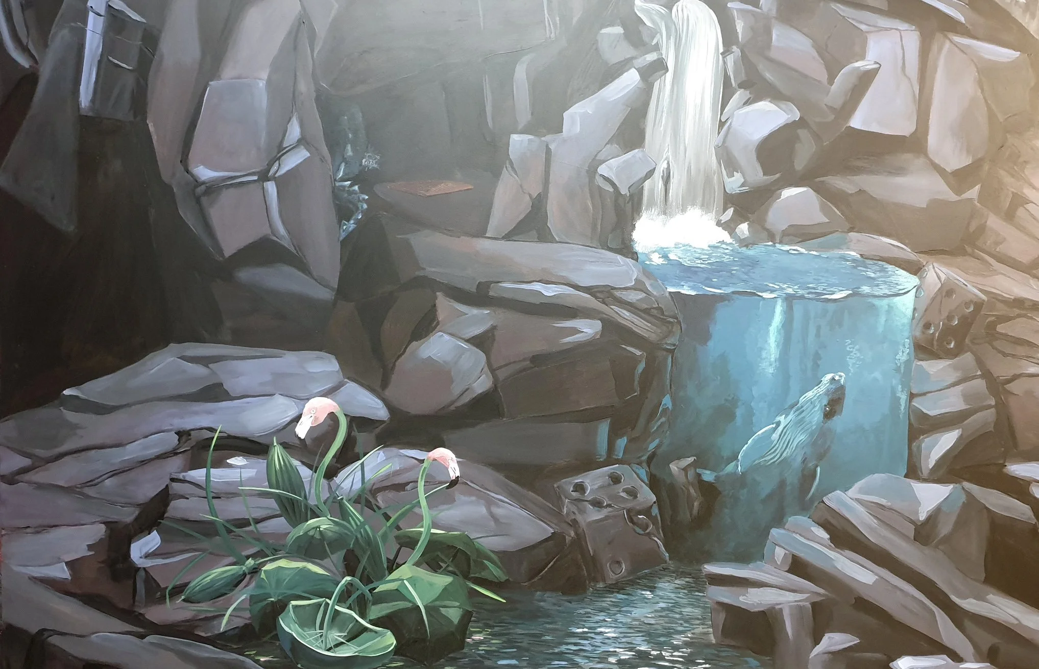 Artbymieke_illusion wall_detail_whale in waterfall_flamingo umbrellas, dice