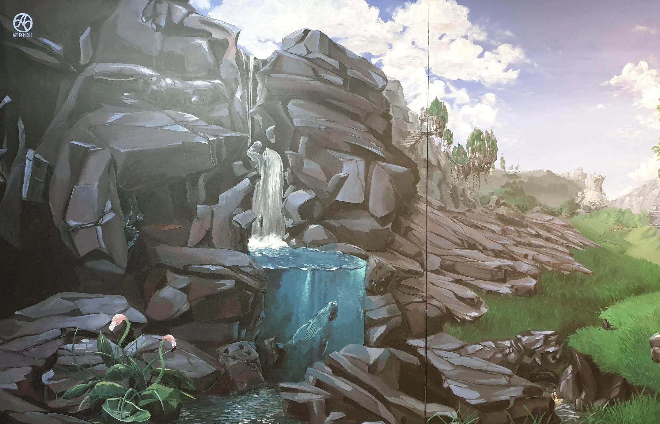 Artbymieke_illusion wall_detail_waterfall_whale_Flamingo umbrella_dice