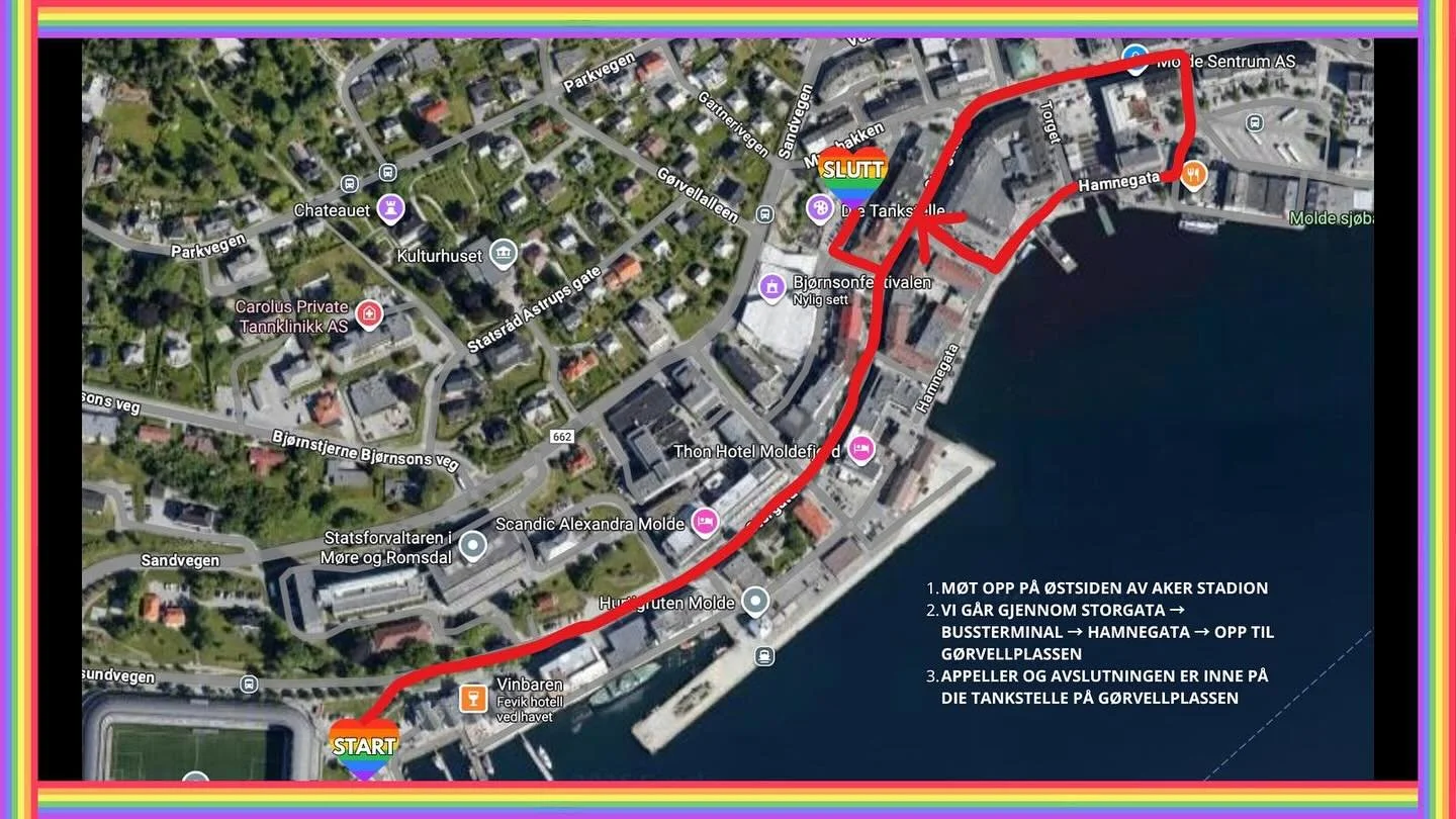 Dette er l&oslash;ypa for paraden p&aring; l&oslash;rdag. Oppm&oslash;te &oslash;st for stadion. Den starter kl.12 🏳️&zwj;🌈
