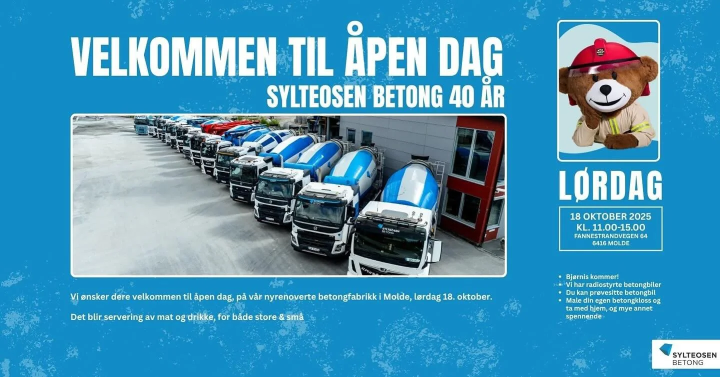 Velkommen til familiedag hos SYLTOSEN BETONG (rett ved Moldehallen) i Molde i dag kl.9-11. 
Aktiviteter, Bjørnis og kiosk 🥳