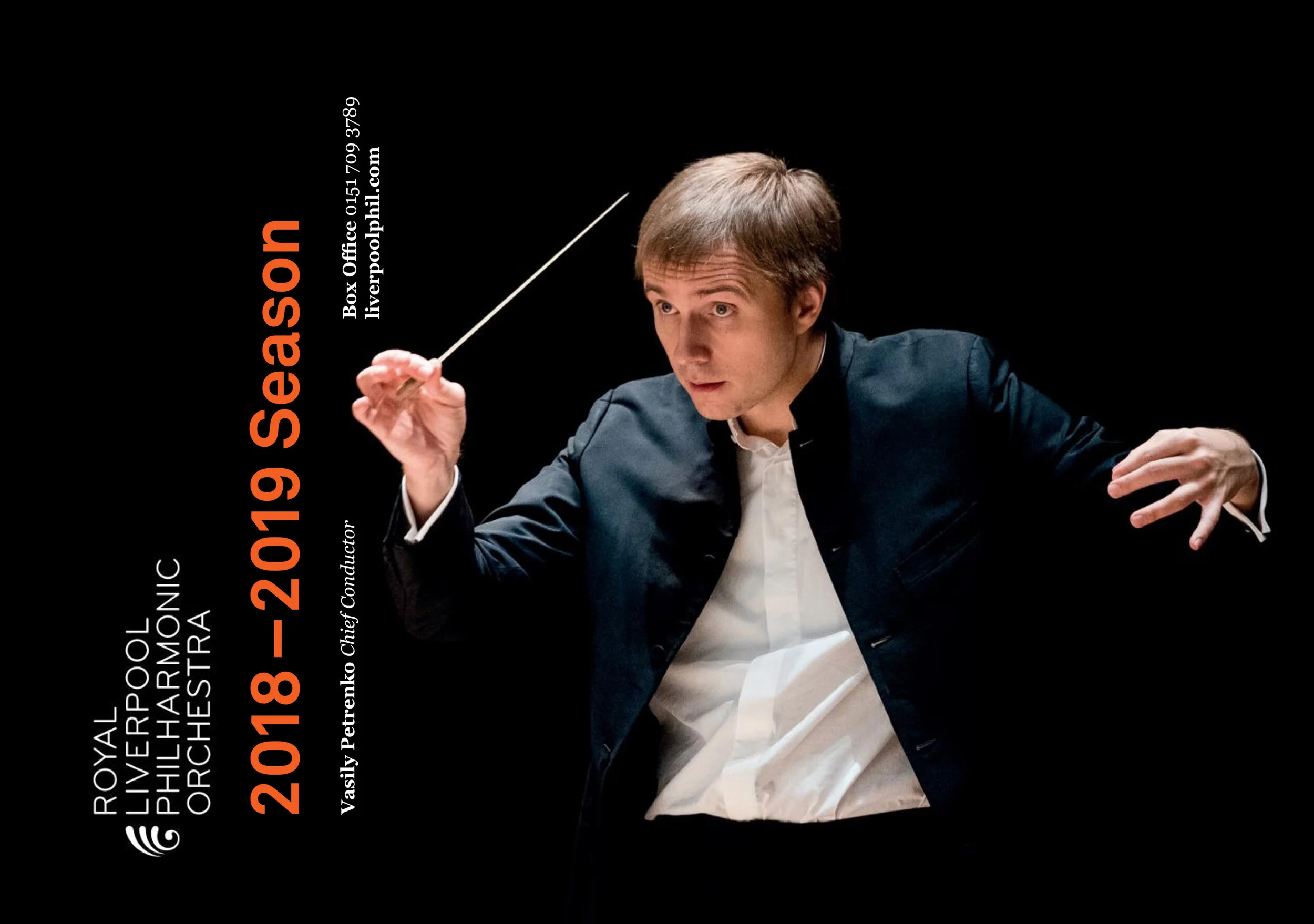 Conductor Vasily Petrenko conducts the Royal Liverpool Philharmonic Orchestra in a performance, with promotional text for the 2018-2019 season, including dates and contact information.