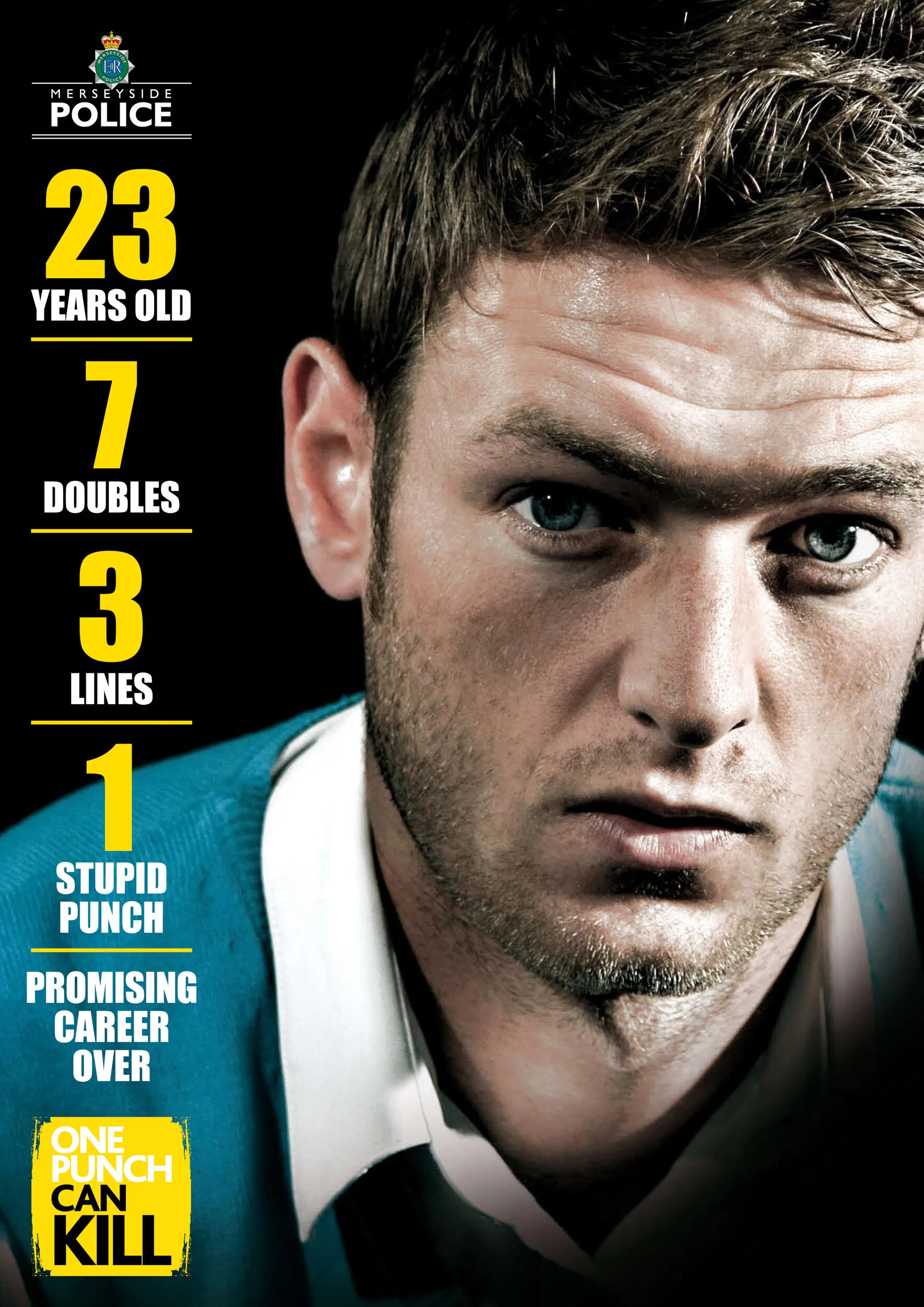 A promotional image featuring a close-up portrait of a young man with light brown hair, blue eyes, and tattoos. The left side of the image contains yellow and white text with statistics about his criminal activities and a quote at the bottom in bold 