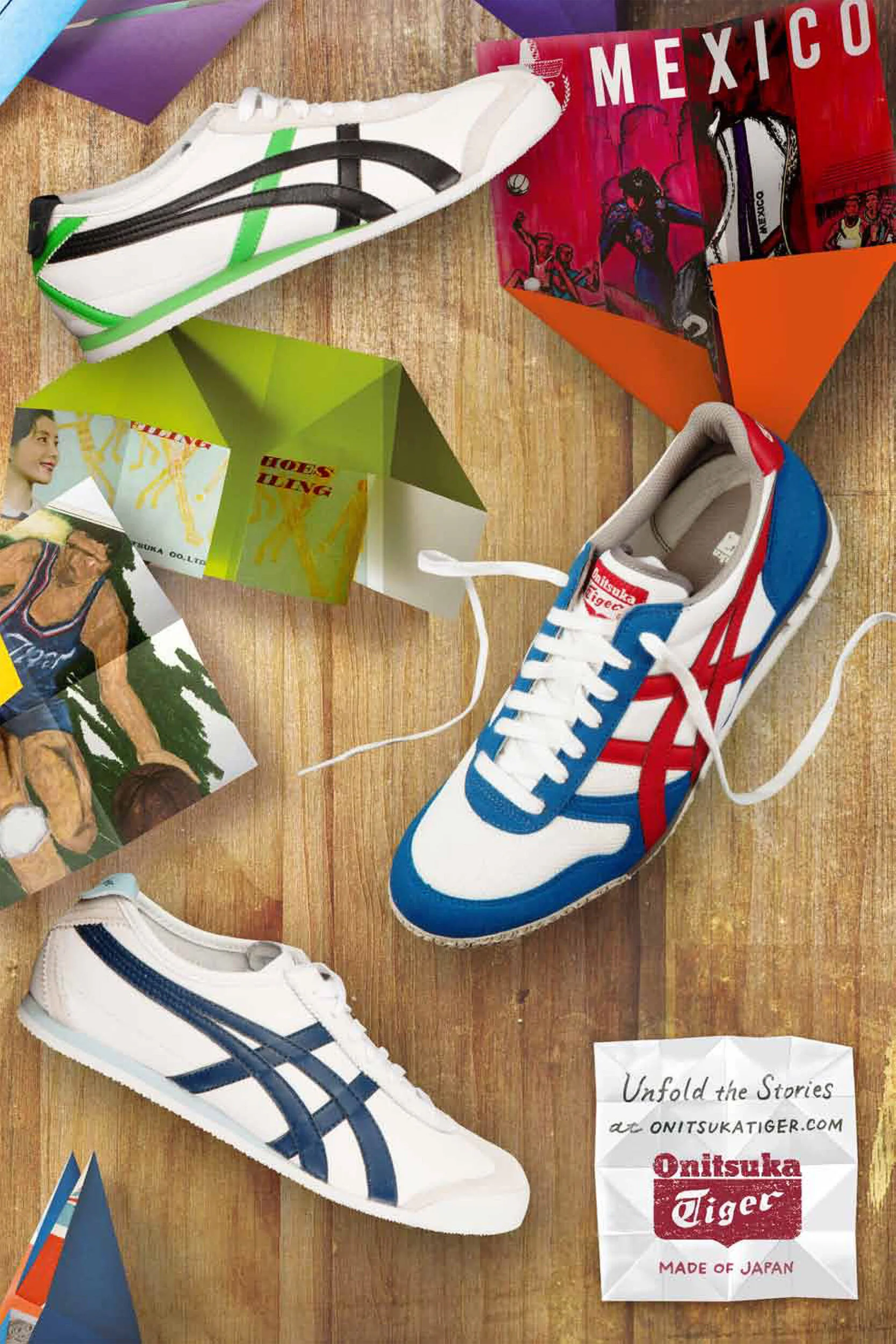 Collection of Onitsuka Tiger sneakers in red, blue, and white on a wooden surface, with colorful paper boxes and brochures around them.