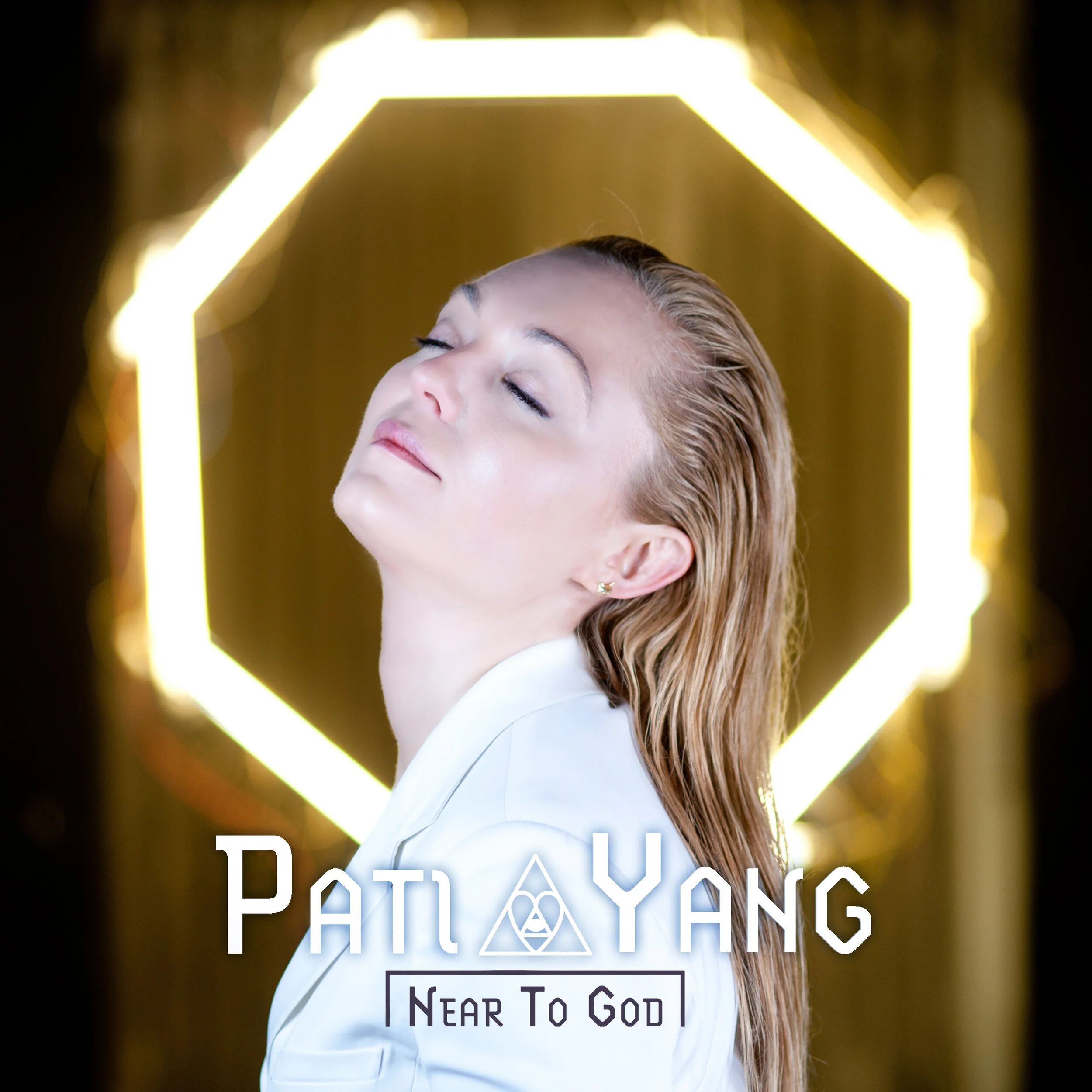 A woman with closed eyes and a relaxed expression stands in front of a glowing, octagonal-shaped light frame, with text overlay reading 'Patayayang Near To God'.
