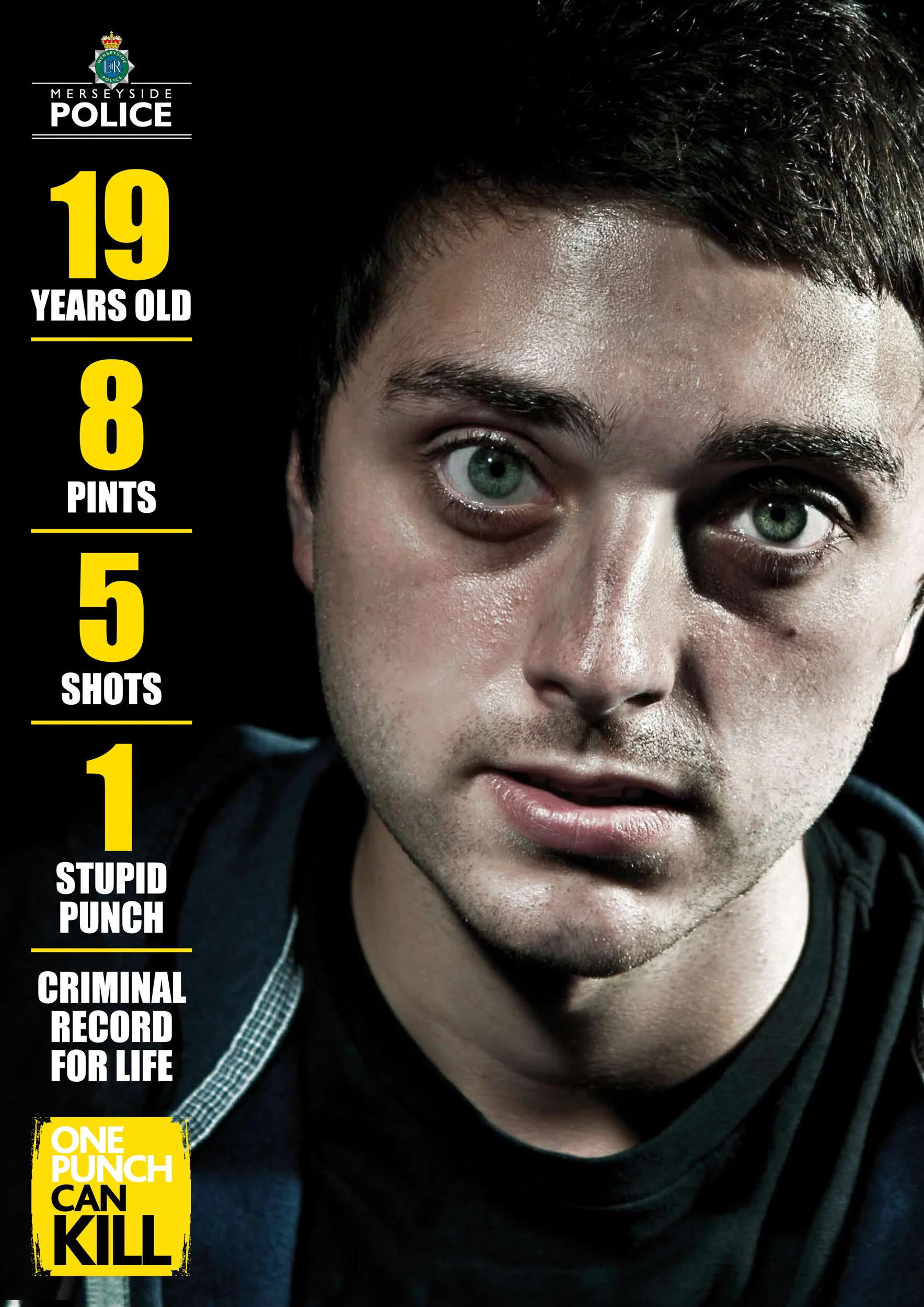 A police mugshot of a young man with short dark hair and green eyes, featuring the Merseyside Police logo and bold text on the left side listing his age, weight, shots taken, punch count, criminal record, and a statement that one punch can kill.
