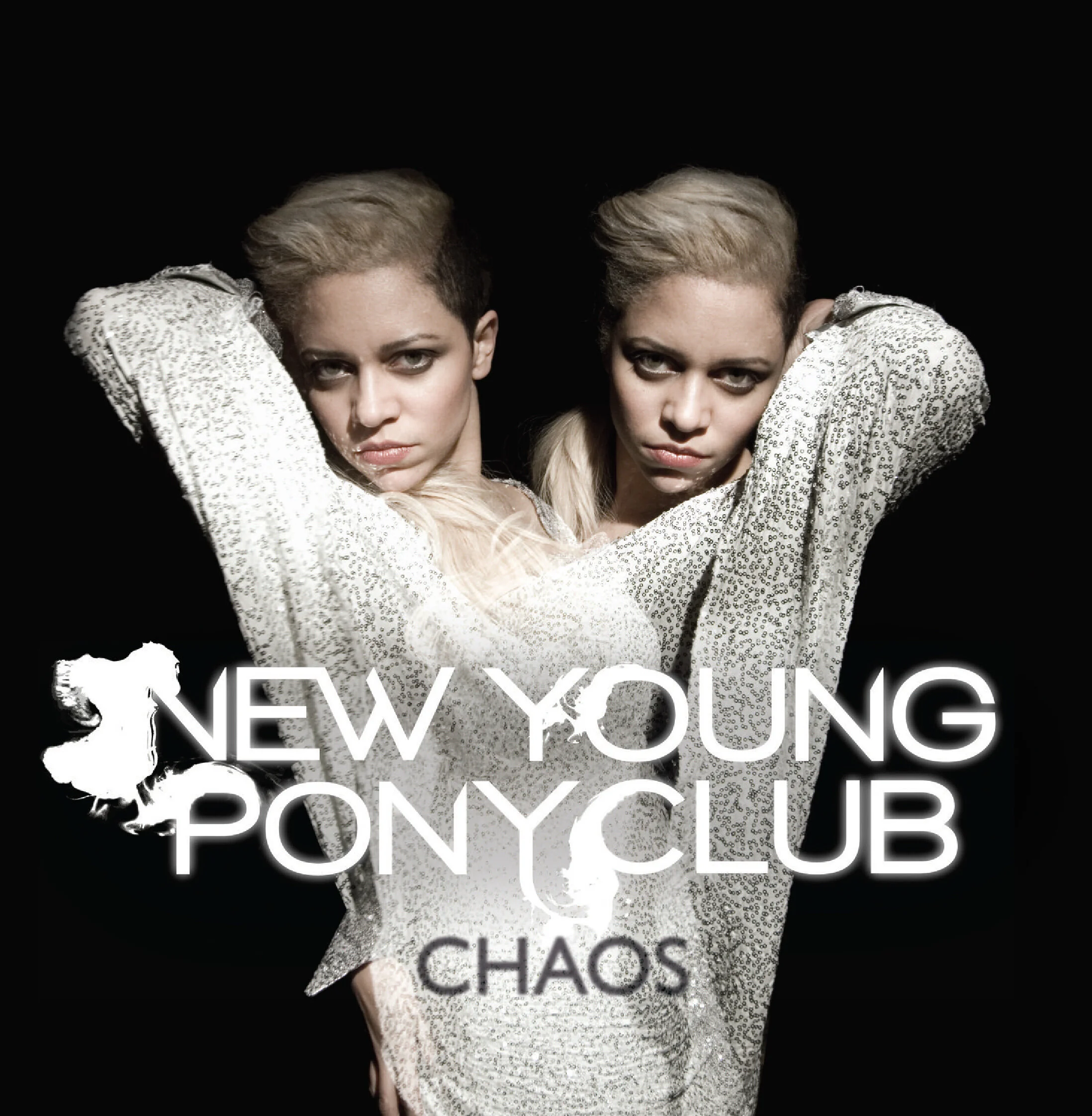 Two women with platinum blonde hair and intense expressions pose against a black background, with the text 'New Young Pony Club Chaos' and a white horse silhouette overlayed.