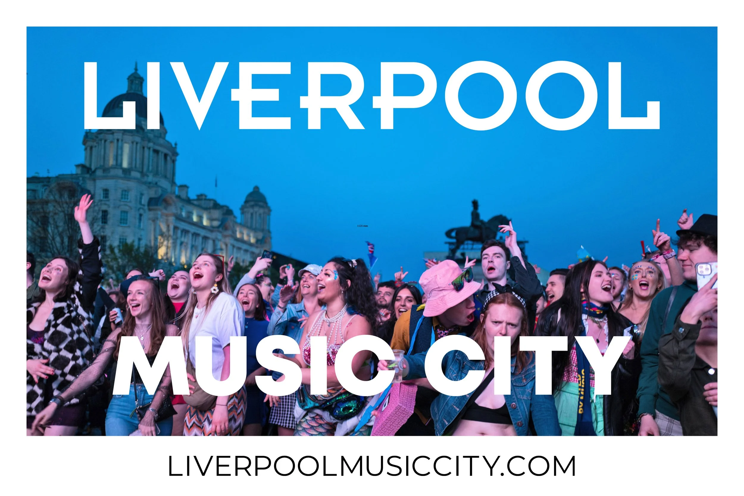 A crowd of people enjoying a live music event in Liverpool, with historic buildings and a statue in the background, and the text 'Liverpool Music City' displayed on the image.
