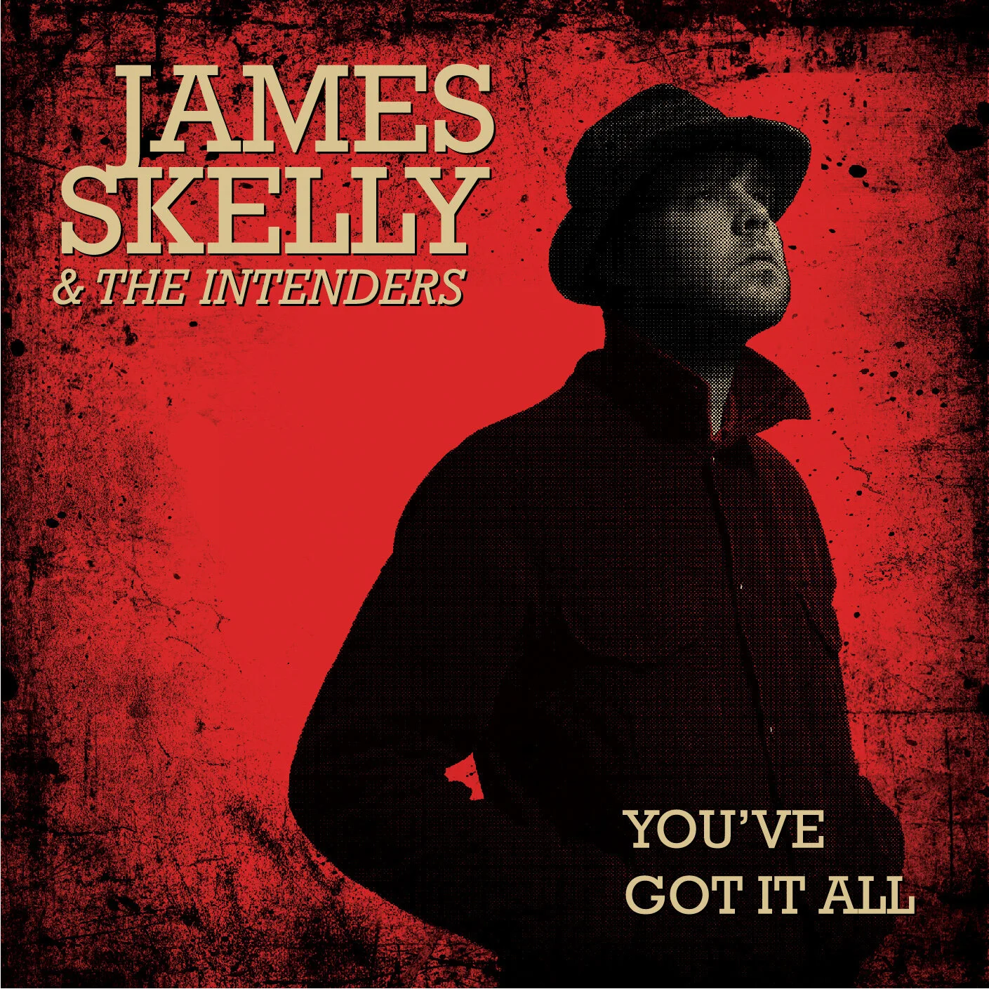 Album cover featuring a silhouette of a man wearing a hat and jacket against a red background with black splatters and text that reads 'James Skelly & The Intenders' and 'You've Got It All'.